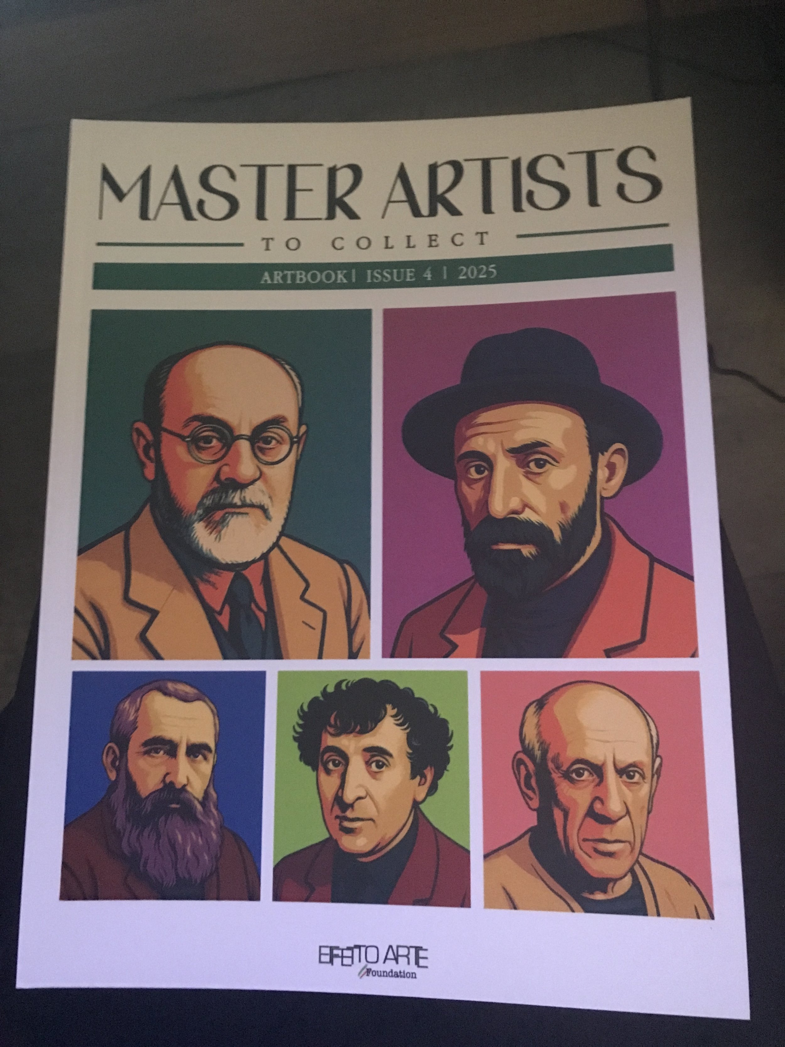 Cover of a magazine titled 'Master Artists to Collect'. The issue features illustrated portraits of five famous artists, with a green banner stating 'Artbook | Issue 4 | 2025'.