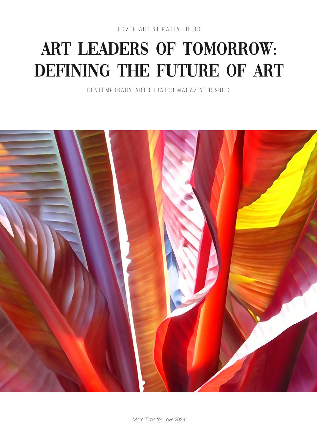 Cover of a magazine titled 'Art Leaders of Tomorrow: Defining the Future of Art' with abstract colorful shapes resembling leaves or petals.