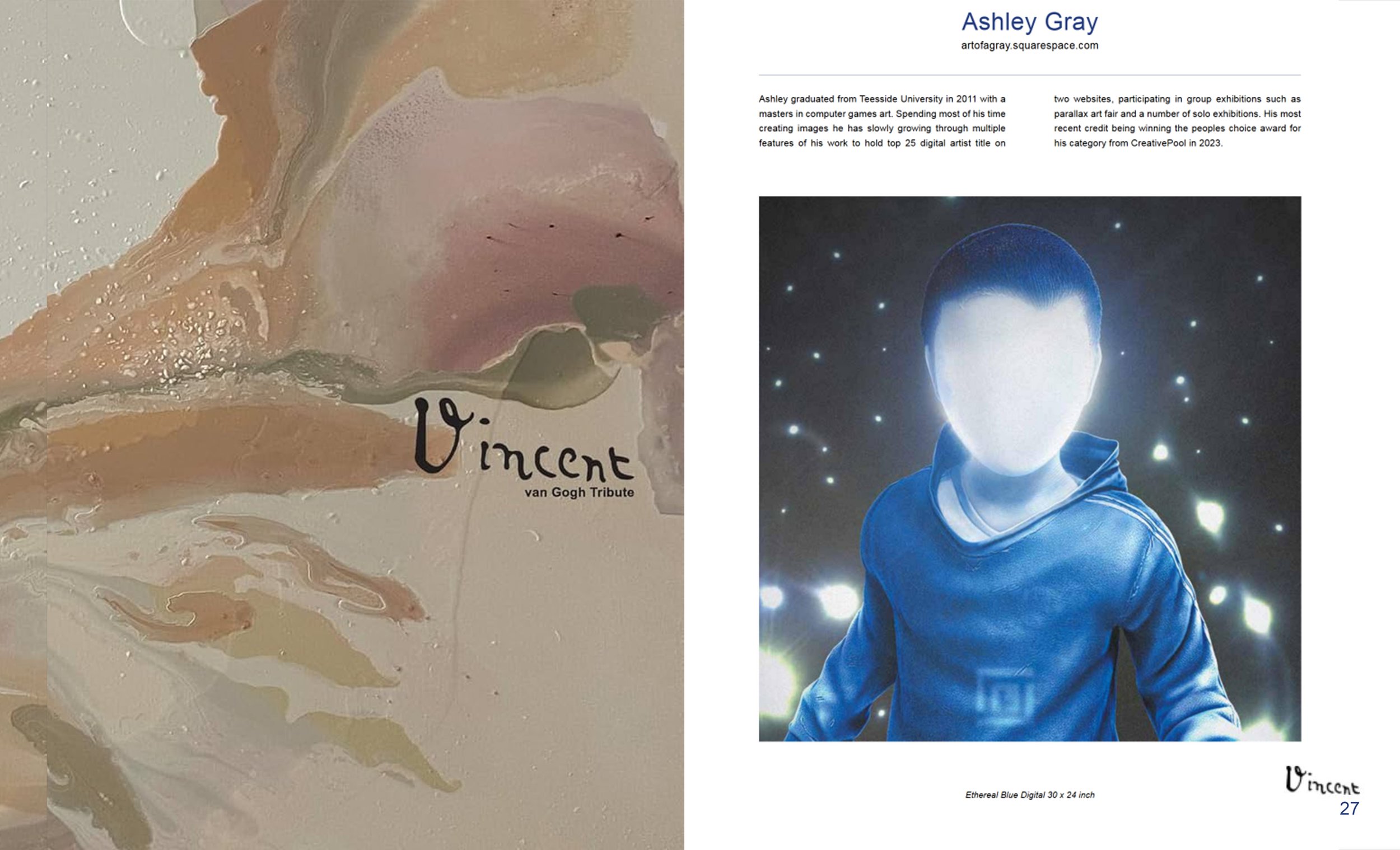 A digital art piece titled 'Vincent' by Ashley Gray, featuring abstract pastel-colored swirls on the left and a futuristic portrait of a person with a luminous face and blue hoodie surrounded by glowing lights on the right.