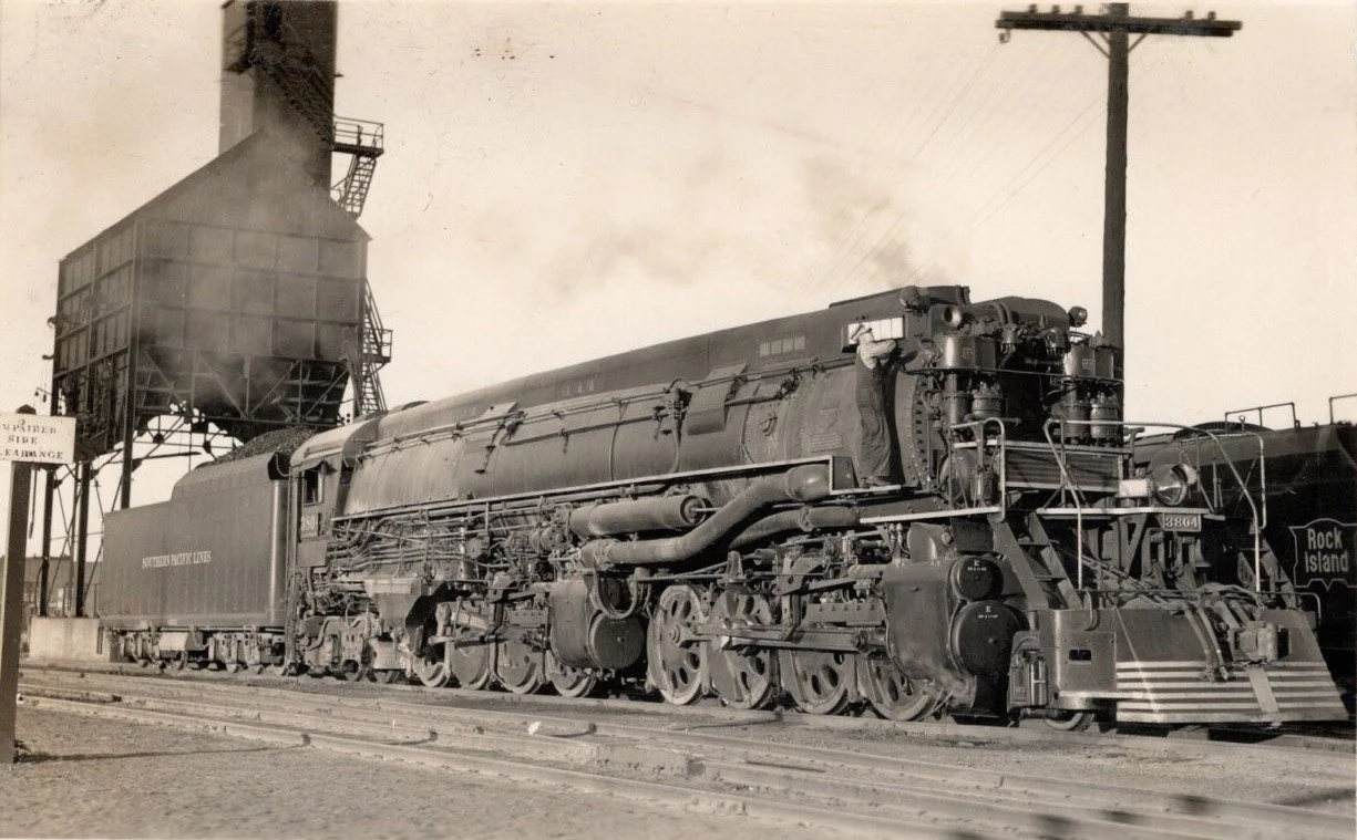 Here we see Southern Pacific 2-8-8-4 AC-9 class #3804 spotted to a new position for servicing at Tucumcari, New Mexico.  By having the locomotives move from station to station you reduced the amount of specialized facilities required to service locom