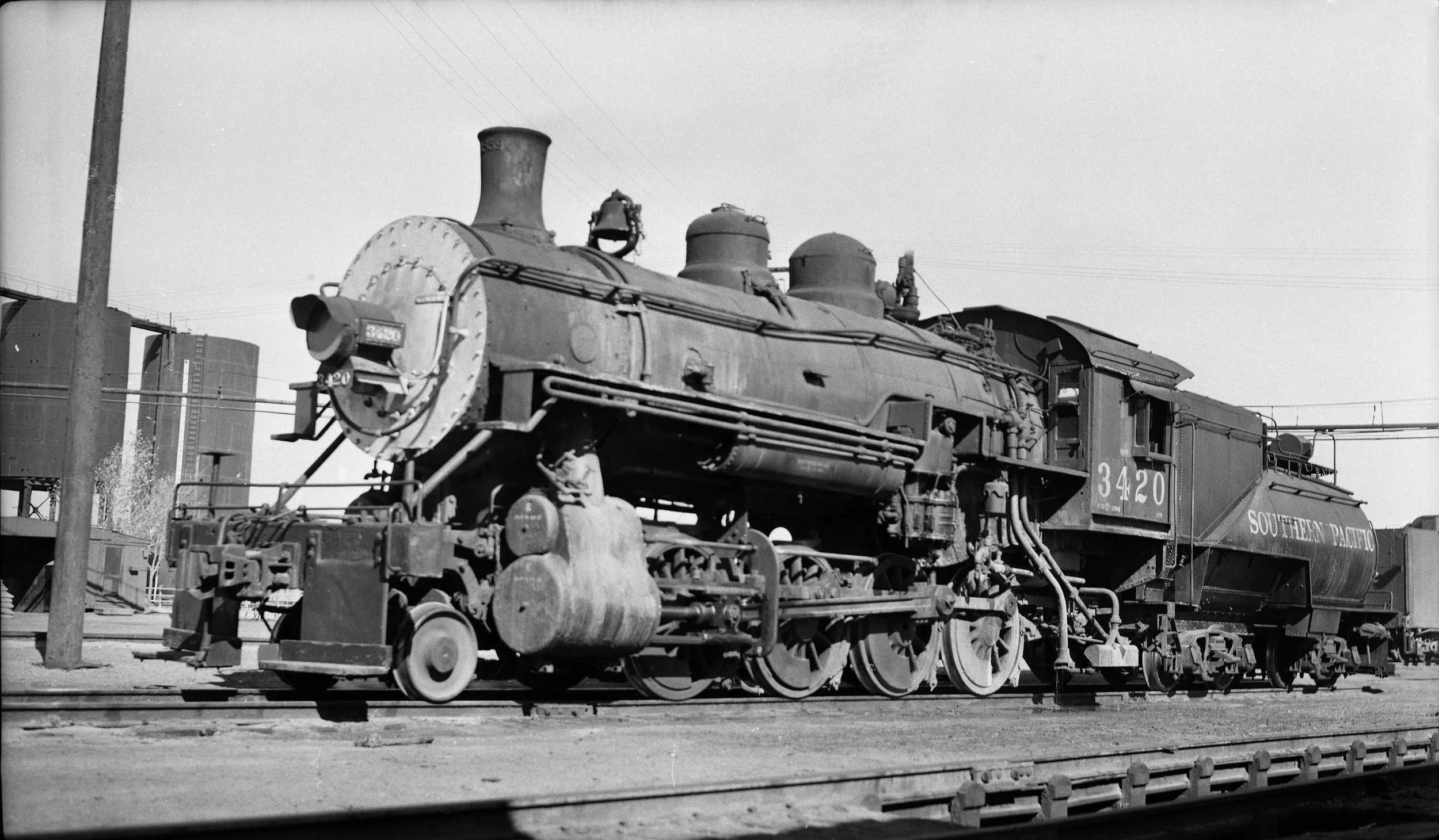 Southern Pacific 3420 photographed at El Paso, Texas on January 10, 1953. This is in the general area of the roundhouse and shops.  This photo was taken just 1 years and 10 months before the locomotive’s retirement.  Photographer unknown. Robby Peart