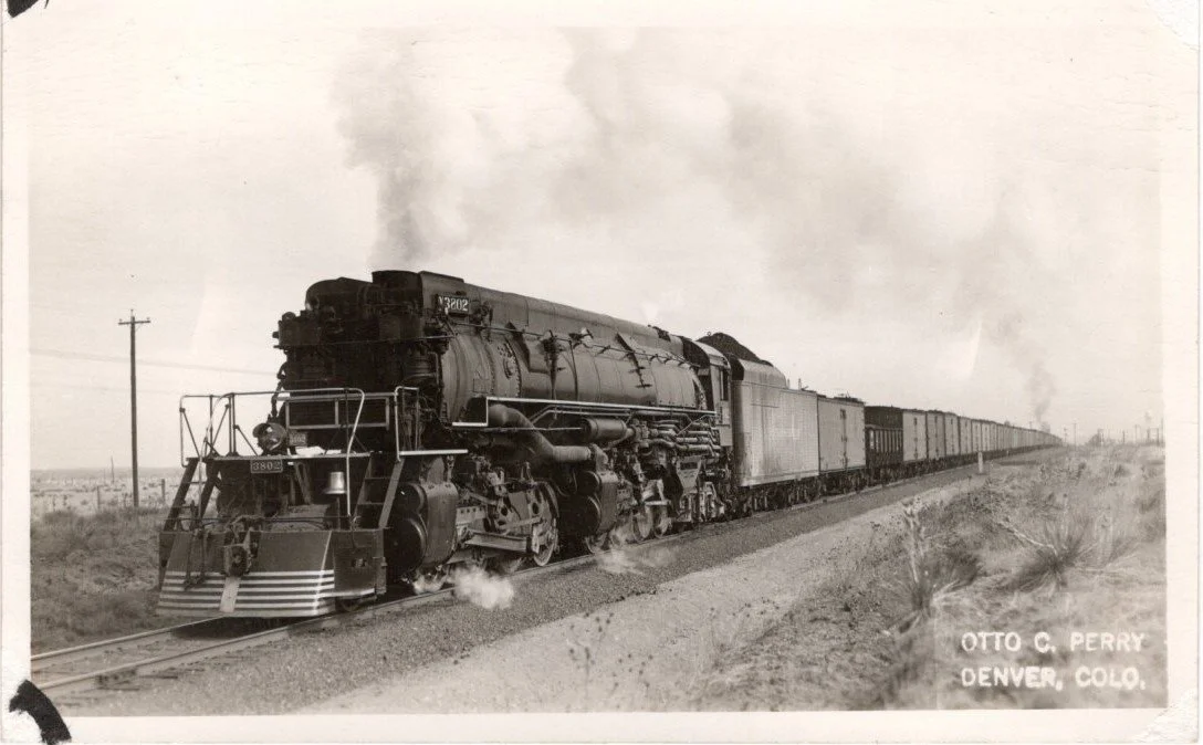 Otto Perry of Denver Colorado would make many trips photographing steam locomotives in the west.  Otto made trips to several trips El Paso, Texas during his life.  Here we see Southern Pacific 2-8-8-4 Class AC-9 3802 Leaving Tucumcari New Mexico with