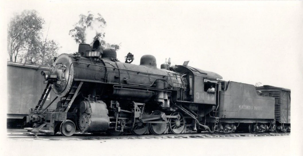 Southern Pacific 2-8-0 #3449 at Gadaharra, Maxico.  The locomotive was origionally built  by the Baldwin Locomotive Works in February 1907 for the El Paso & Southwestern  becoming their #289.