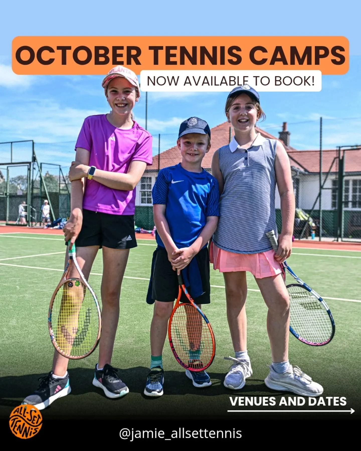🎾 October Tennis Camps 2025 🍁🎃
Our popular autumn camps are coming back this Autumn! Whether your child is new to tennis or already plays regularly, these full-day camps offer expert coaching, exciting games, and plenty of time on the court. 

📍 