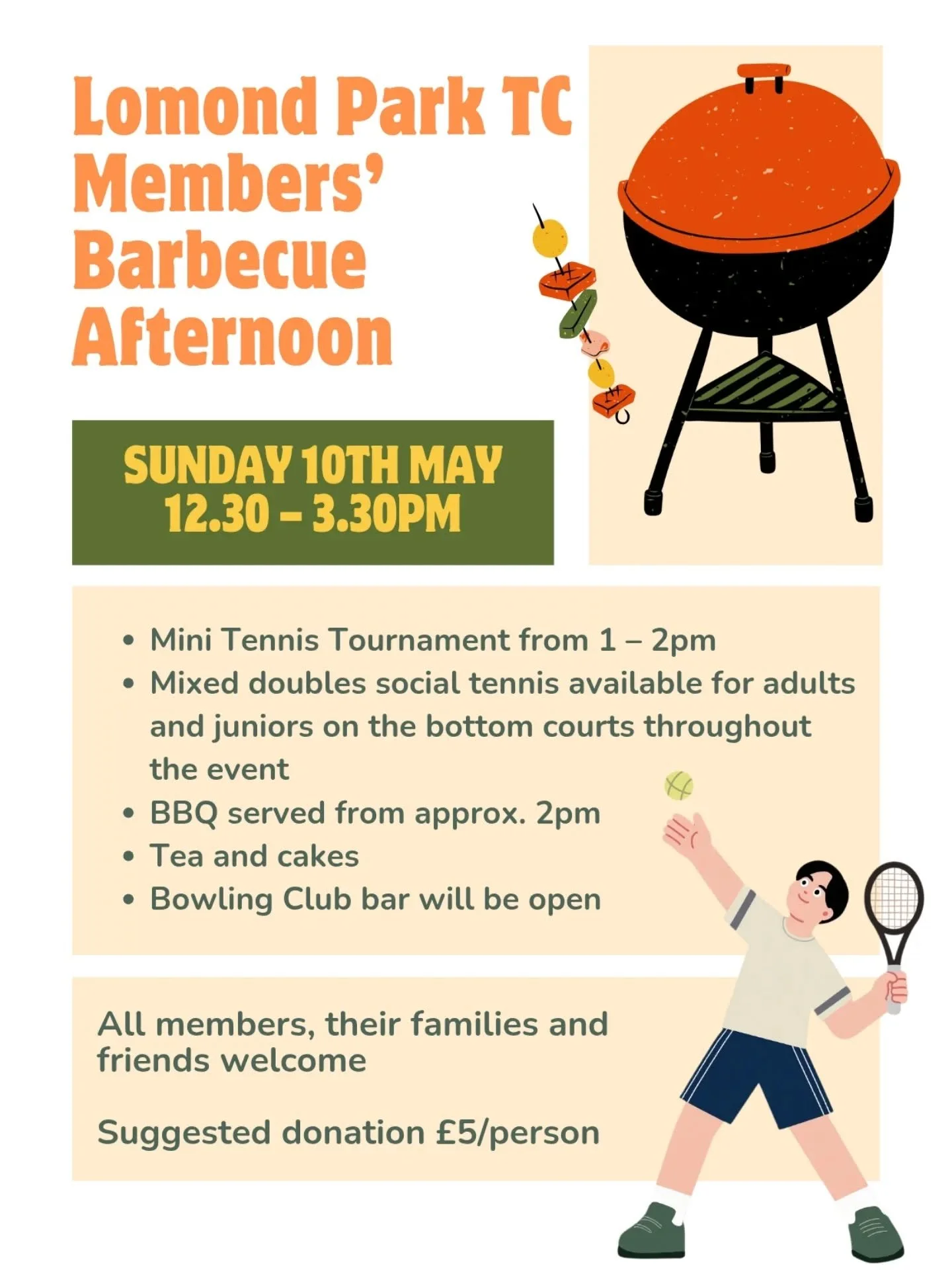 Join us for a fun afternoon of tennis, BBQ, and good company at Lomond Park Tennis Club this Sunday 🎾🔥 All members and their families and friends welcome!

Sunday 10th May 12.30 &ndash; 3.30pm

&bull; Mini Tennis Tournament from 1 &ndash; 2pm
No pa