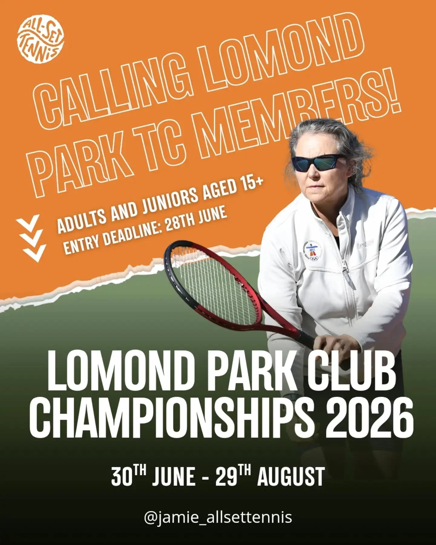 🎾 Lomond Park Club Championships 2026 🏆

Free to enter for all adult members and juniors (15+) 

📅 30 June &ndash; 29 August
🏆 Finals Day: Saturday 29 August, 1pm

Players will arrange their own matches throughout the tournament, with Finals Day 