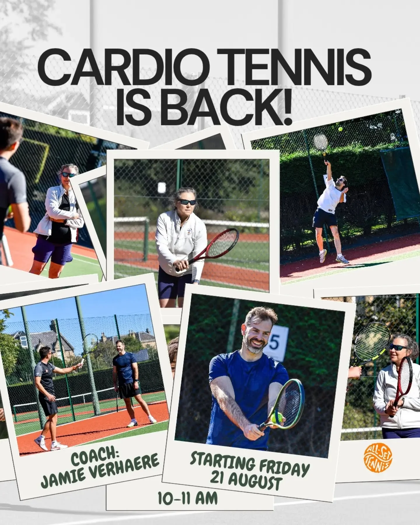 🔥 Cardio Tennis is BACK! 🎾

Get your heart pumping (and have fun of course) - starting this Friday 21st August at Lomond Park Tennis Club, Edinburgh! (EH5 3JA)

🧡 Everyone is welcomed - all fitness and skill levels, no tennis experience needed!

?