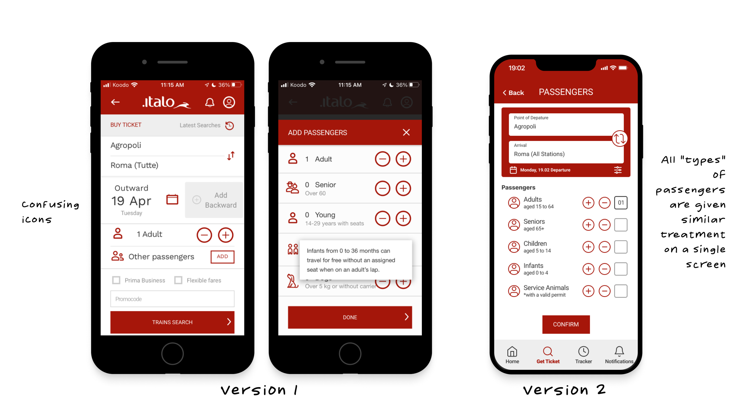On the passenger selection page, we made all types of passenger options as well as criteria visible on a single page for consistency. We also made it apparent to the user which page they are on at any given moment in the process with a heading and a 