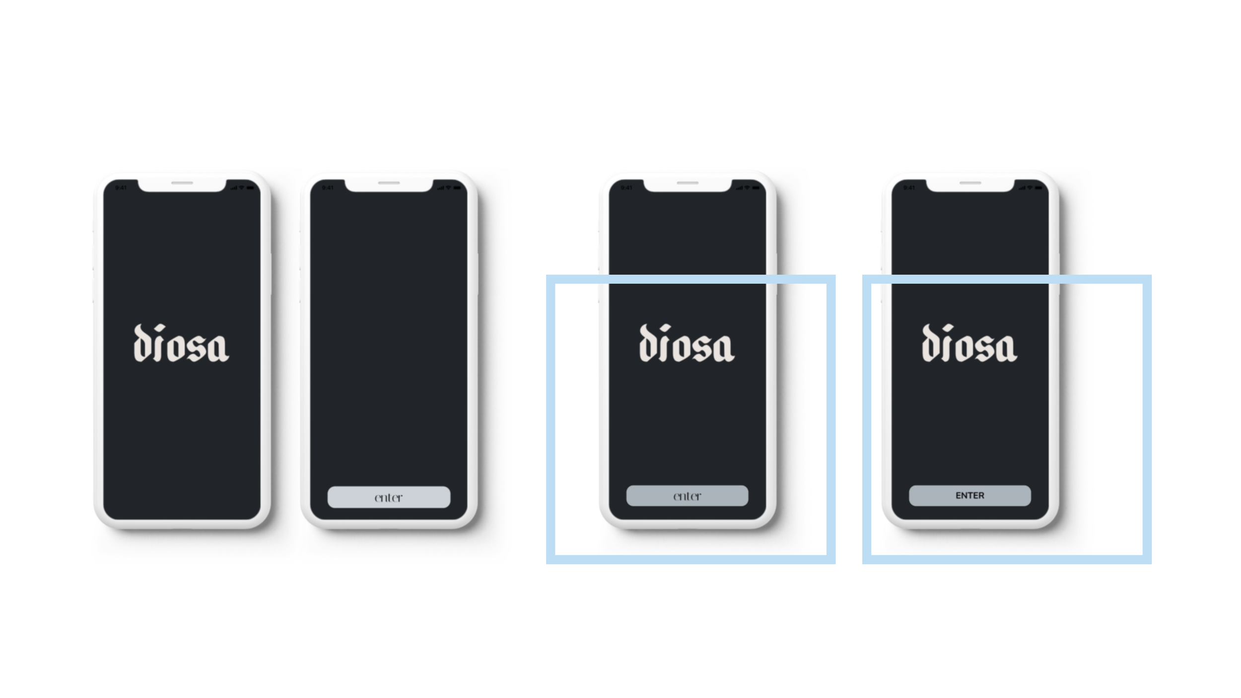  In prototype version one I had two screens for the entry screens. In prototype version two I changed and put the button on the screen with the Logo. In prototype version 3, I just changed the font on the button. 
