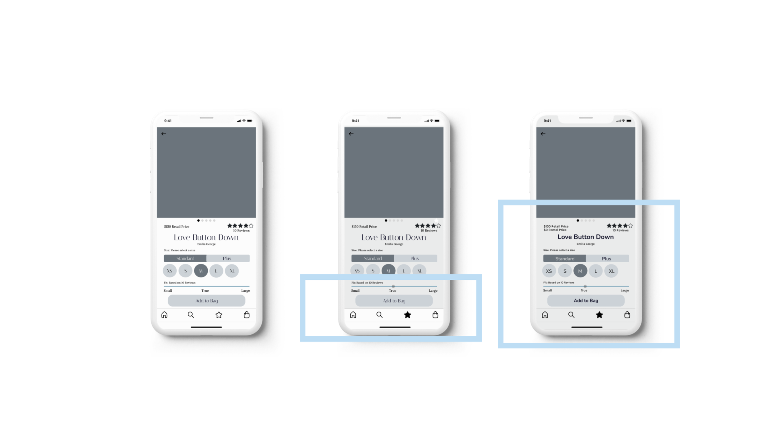  The biggest difference in the second version is the size tab that allows users to know how their chosen item fits. Also indicating where the user is in the app. The third version had a change of font for body and titles as well as size. 
