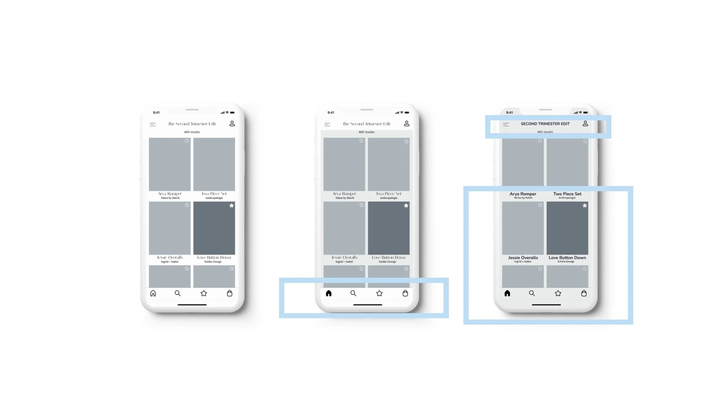  Highlighting where the user was on the navigation bar was important for my user. That was the first change I made when making the second version, in addition to adding the missing star on the picture on the first row. The third version changed compl