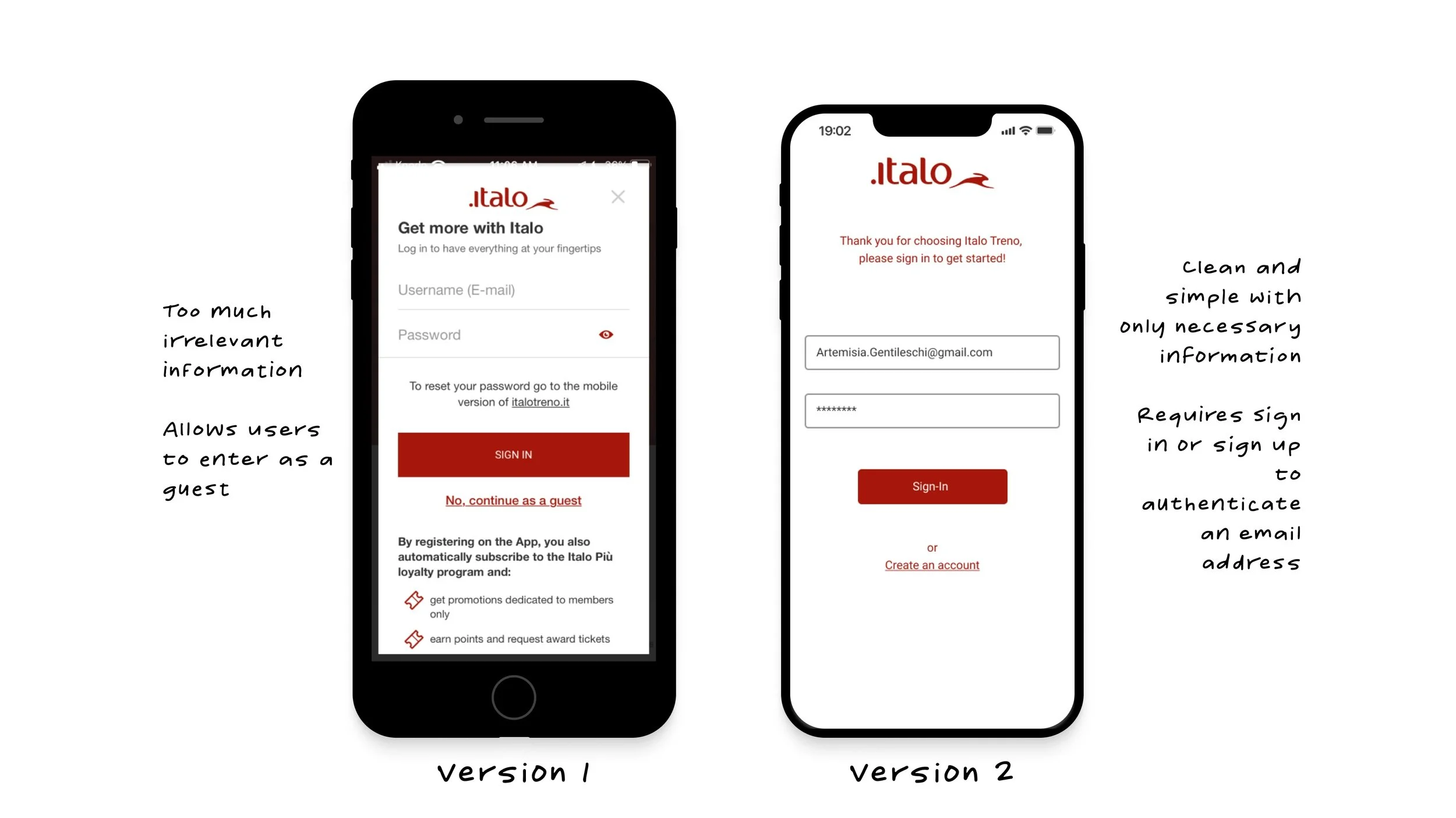 On the sign-in page, there is cluttered informational text that is irrelevant and reduces readability. To limit confusion, we decided to create a familiar standard login screen where users can either log in to their account or create an account. This