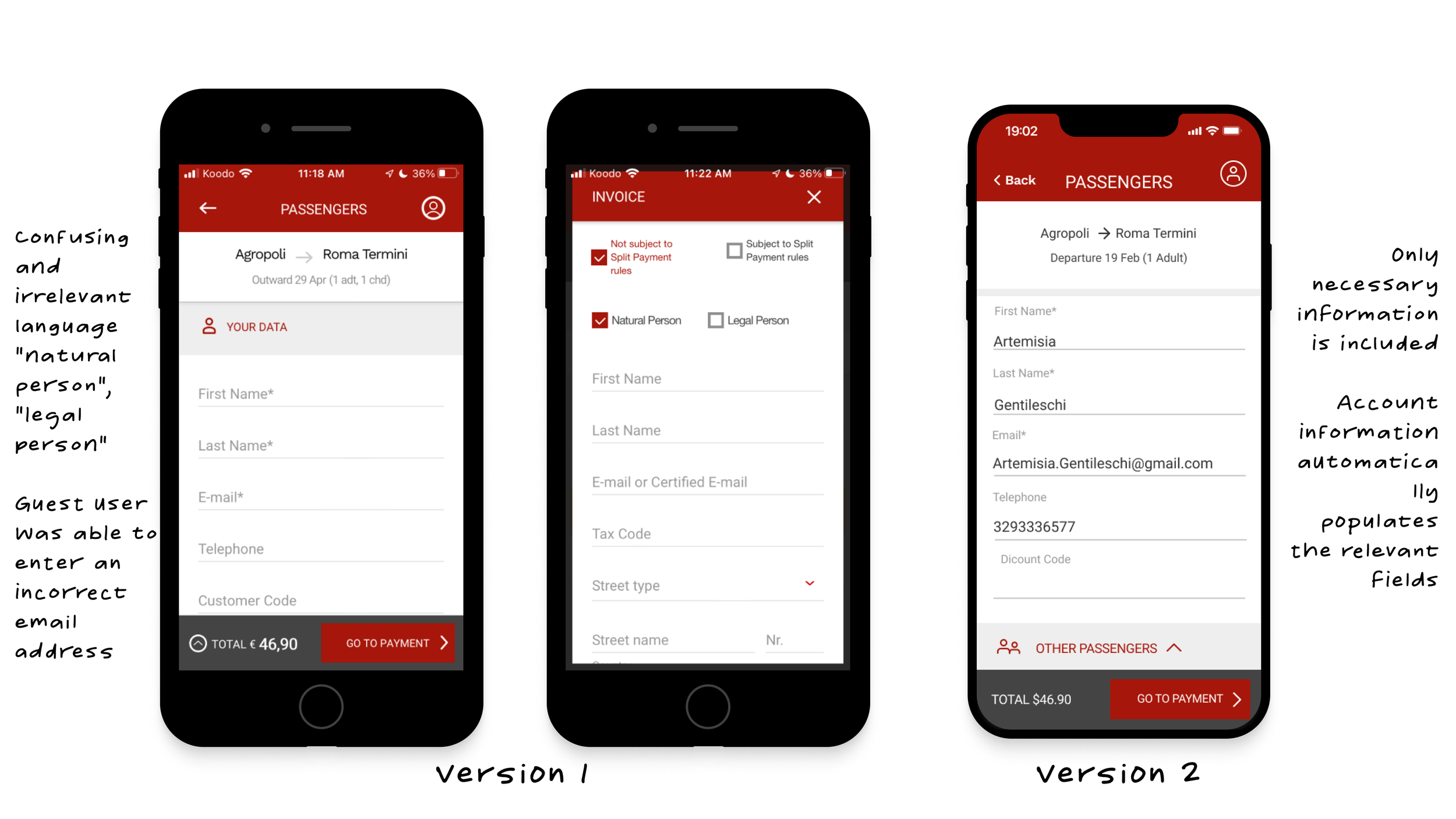 On the invoicing screen, we removed unnecessary check-boxes like "natural person" and "legal person". We also chose to auto-populate the contact information for the passenger from their sign-in/sign-up account to eliminate the possibility of incorrec