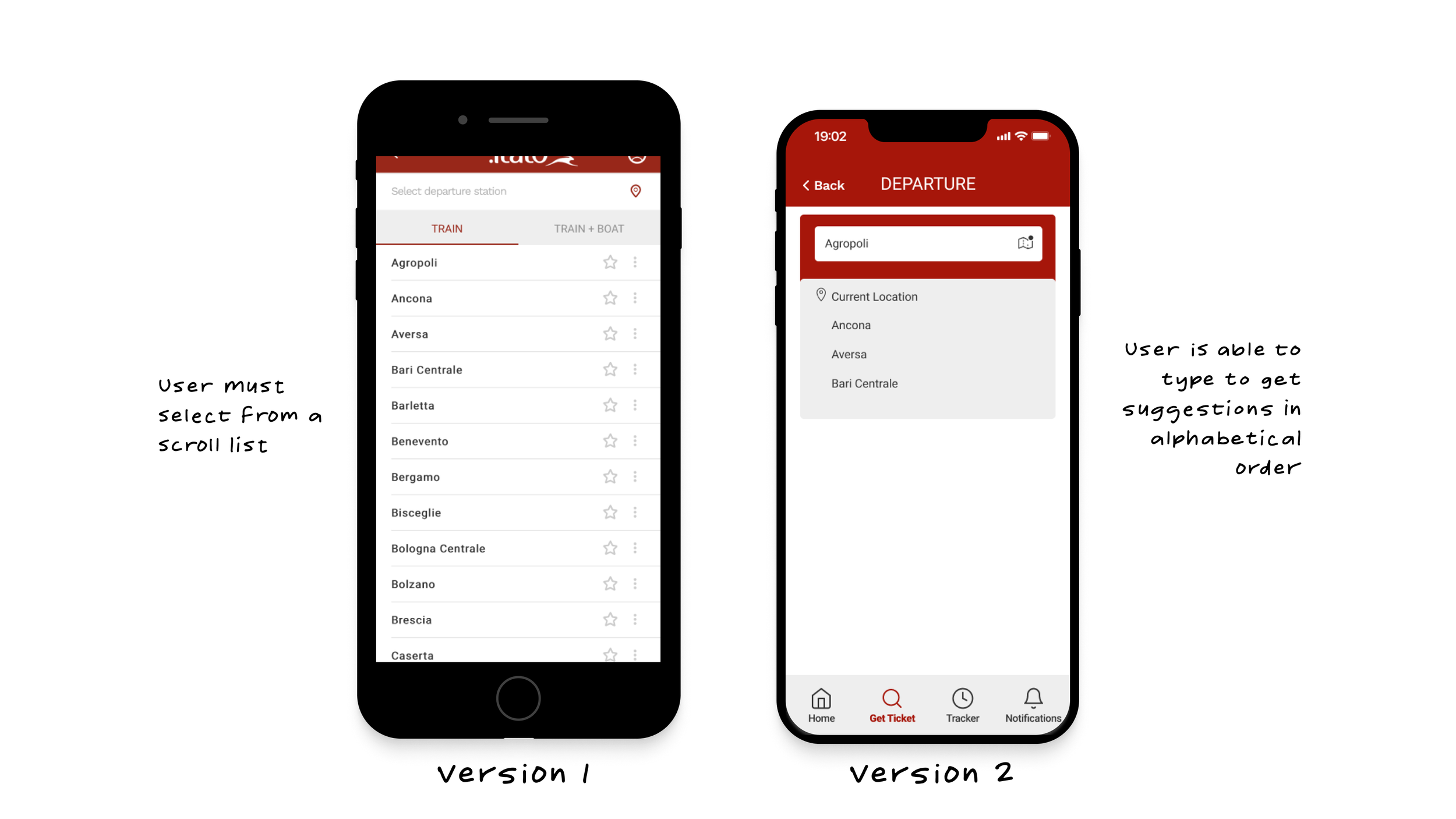 On the departure and arrival screens in order to input a departure and arrival station users HAVE to select and scroll from a long list of stations. The cognitive load is high because users are led to several different screens to complete simple acti