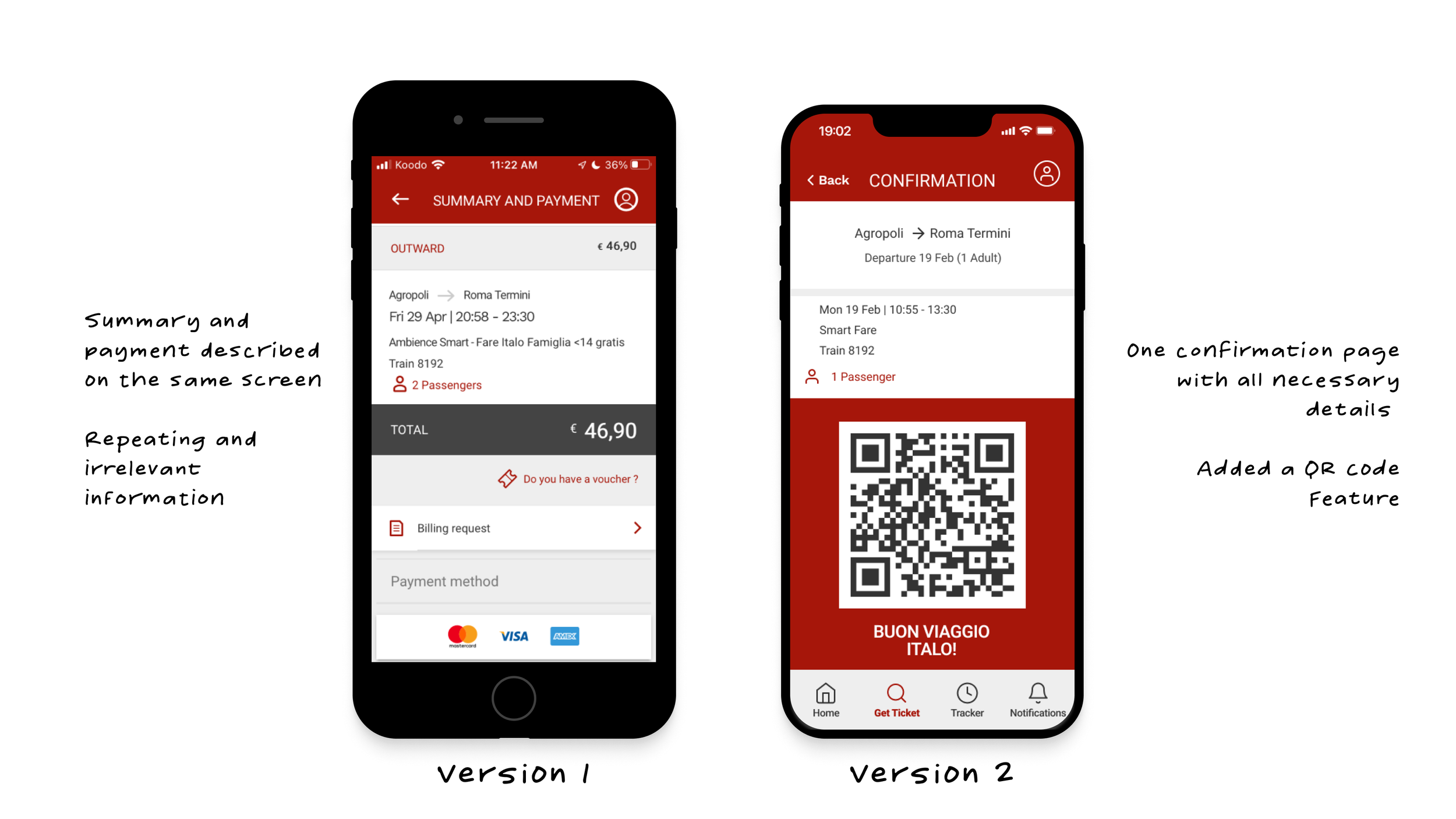 On the confirmation screen, we removed irrelevant information such as billing requests. This information should automatically be sent to the user's email. We also added a QR ticket code that will allow the user to easily get their ticket scanned when