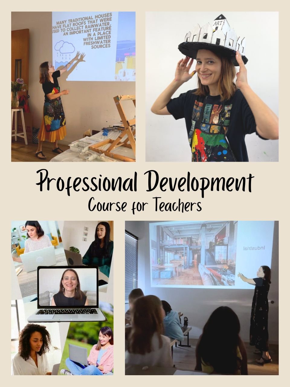 Collage of images showing teachers and students in professional development courses, including presentations, virtual meetings, and classroom teaching.