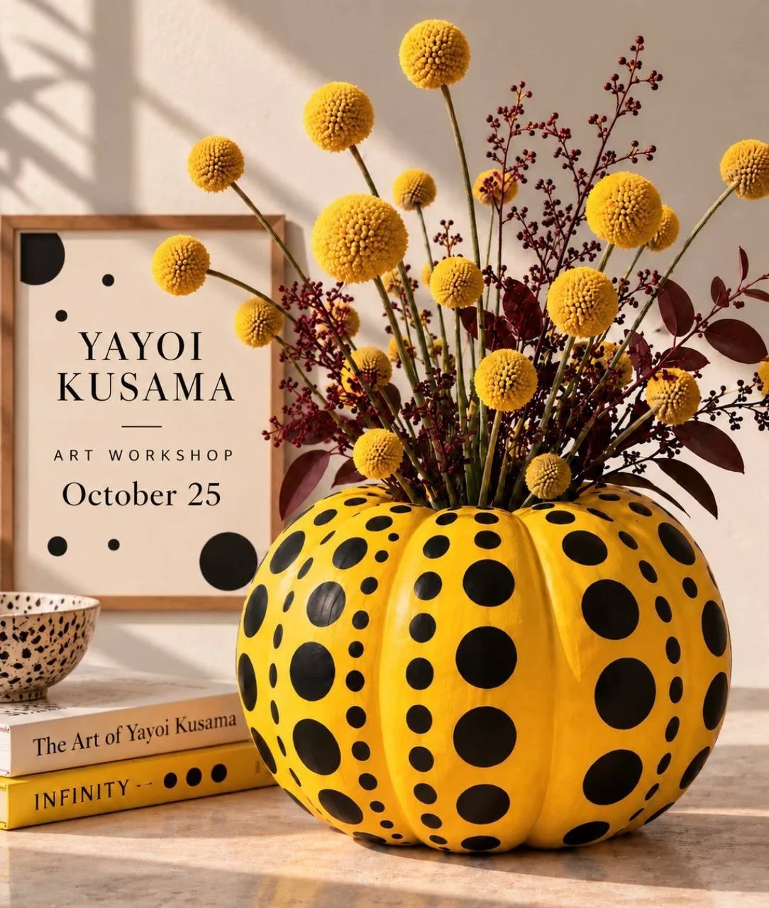 October 25, 5.00 pm-8.00 pm - Art Pumpkin Flower Arrangement Workshop — inspired by the art of Yayoi Kusama (for Adults)