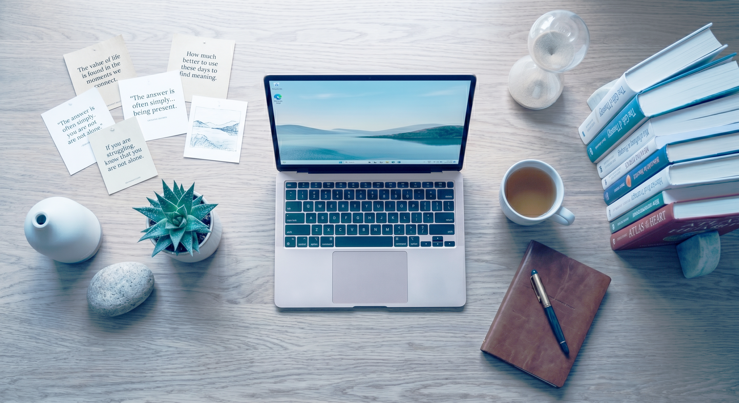 A desk with a laptop, books, notes, a plant, a rock, a vase with sand, a cup of tea, a notebook with a pen, and a pen holder on a white wooden surface.