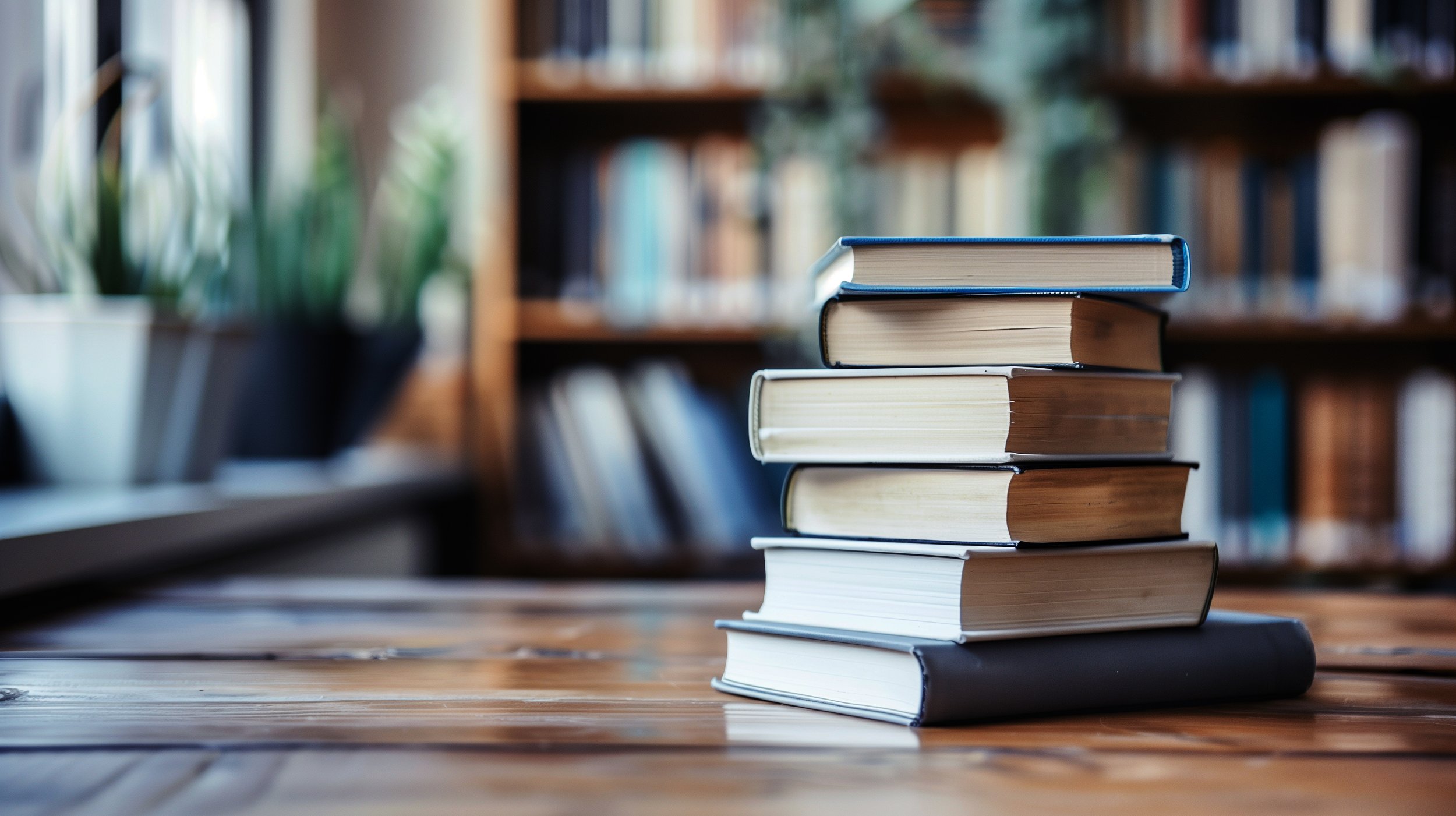 A stack of books on a wooden table in a library with bookshelves and a potted plant in the background.
