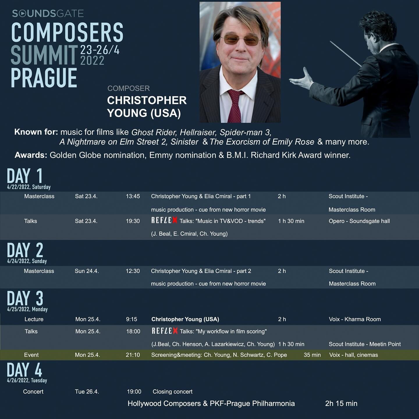 We're excited to let you know our Emmy &amp; Golden Globe nominated &amp; BMI Award-winning client, @officialchristopheryoung, will be a special guest at Soundsgate Composers Summit Prague later this month where you can learn from the best in the ind