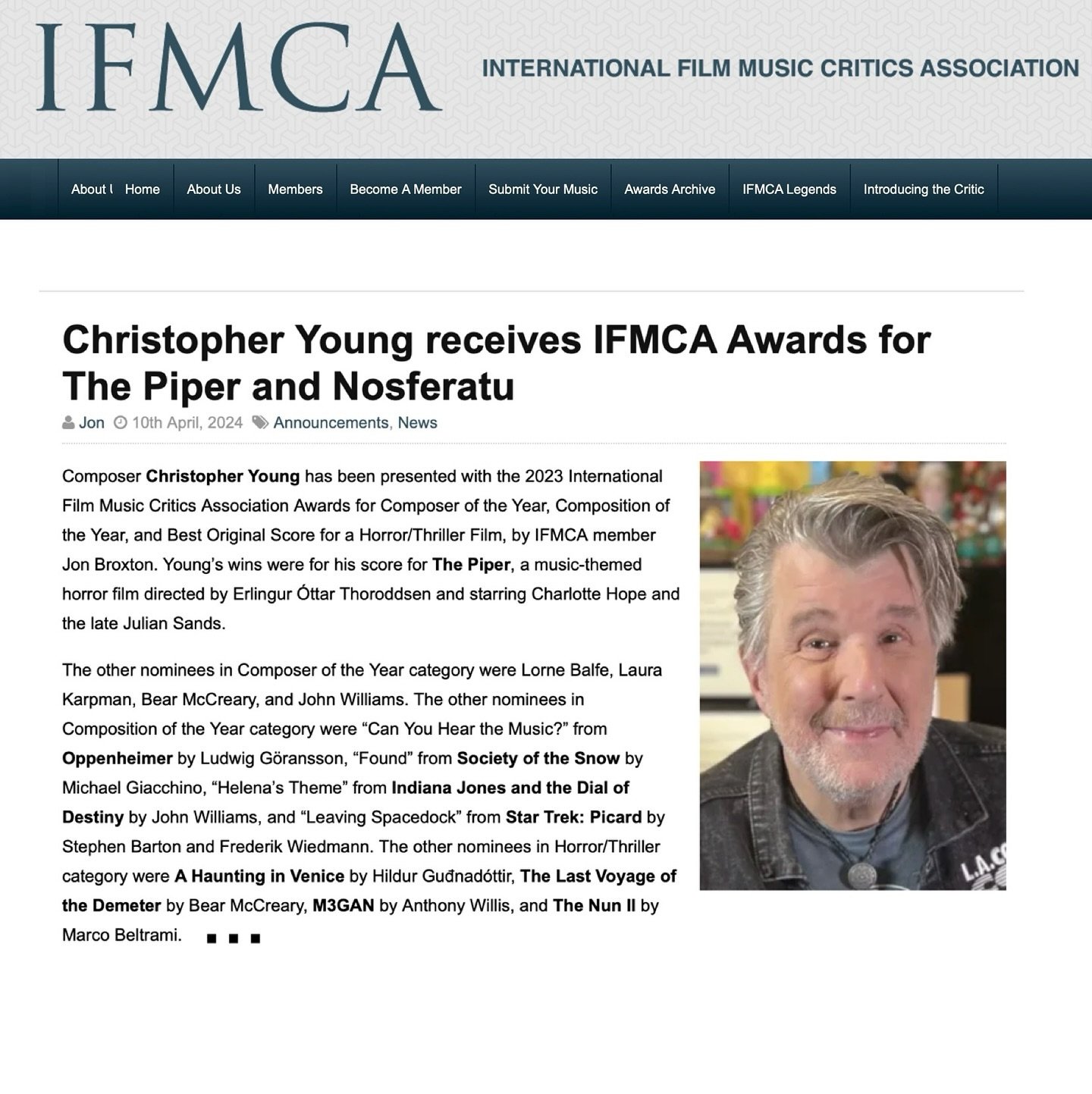 Our client, Emmy &amp; Golden Globe nominated &amp; BMI award-winner @officialchristopheryoung, recently won 4 @filmmusiccritics Awards. Follow the link for the article as well as a lengthy video discussion with Young and IFMCA member Jon Broxton. Co