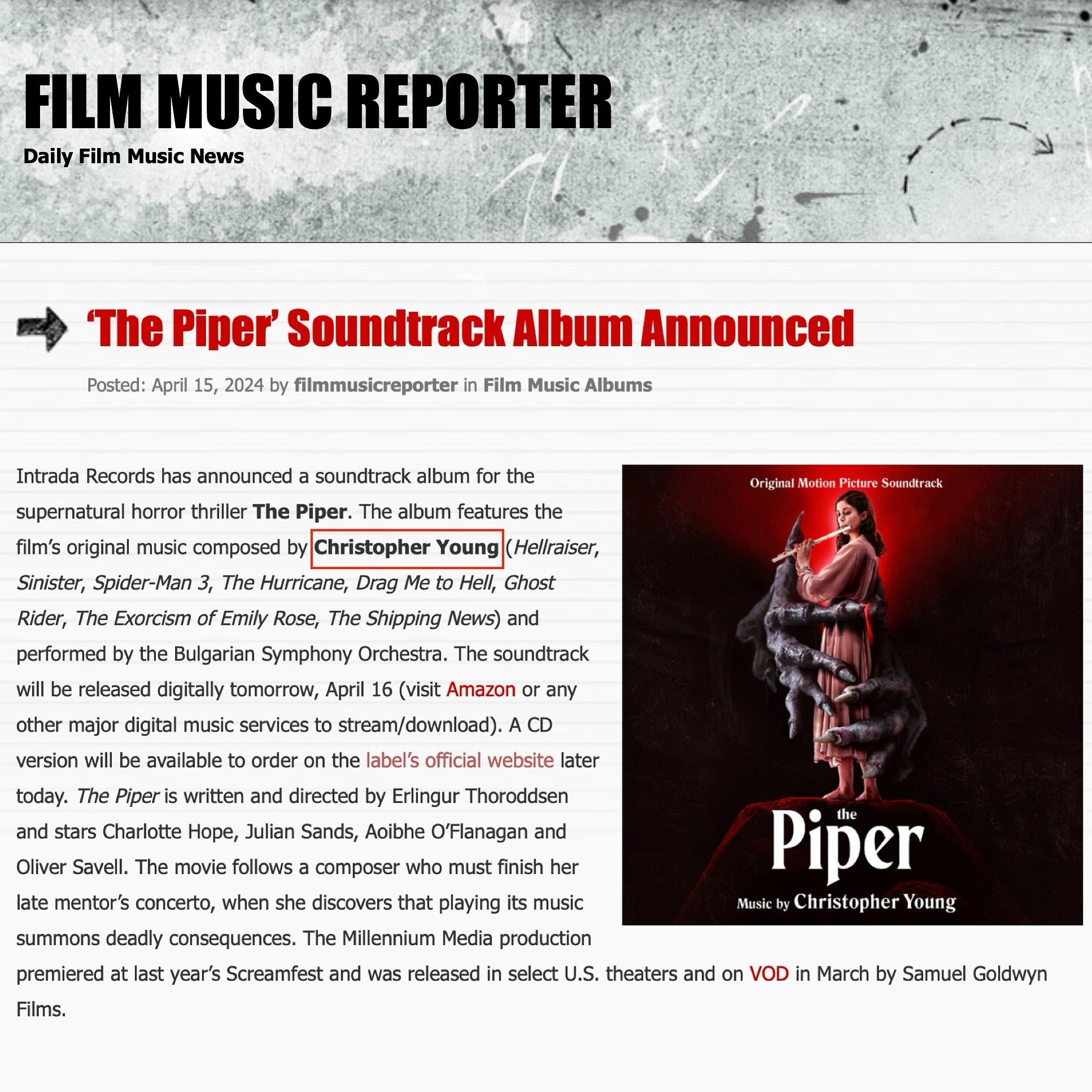 Thank you to our friends at Film Music Reporter for announcing the premiere release of the @filmmusiccritics Award-winning score from THE PIPER composed by our esteemed BMI Award-winning client, Christopher Young! And thank you Intrada Records for ag