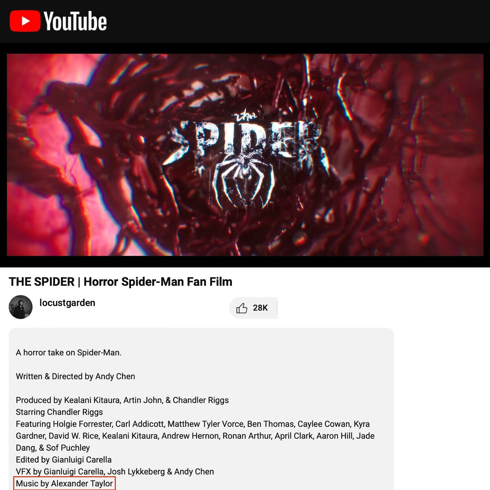 The film THE SPDIER starring Chandler Riggs from THE WALKING DEAD dropped over the weekend! In just a couple of days, it&rsquo;s be watched nearly 400,000 times! Scoring duties went to our award-winning composer @alexandertaylormusic! Soundtrack comi