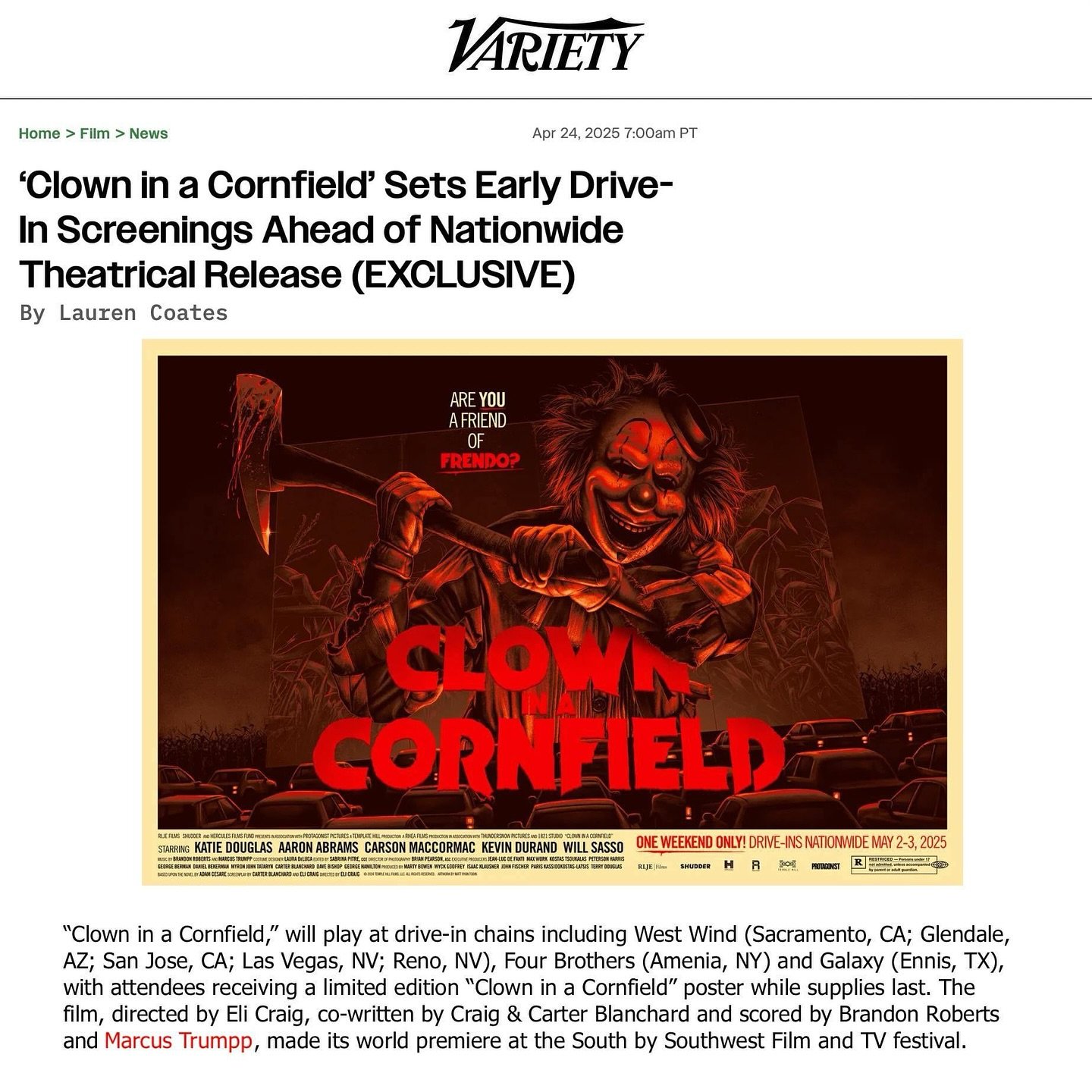 Watch πΎππππ ππ πΌ πΎππππππππΏ at a drive-in ahead of its 5/20 release & get a limited edition poster!
@variety just reported that the highly anticipated horror film, πΎππππ ππ πΌ πΎππππππππΏ co-scored by our client Mar