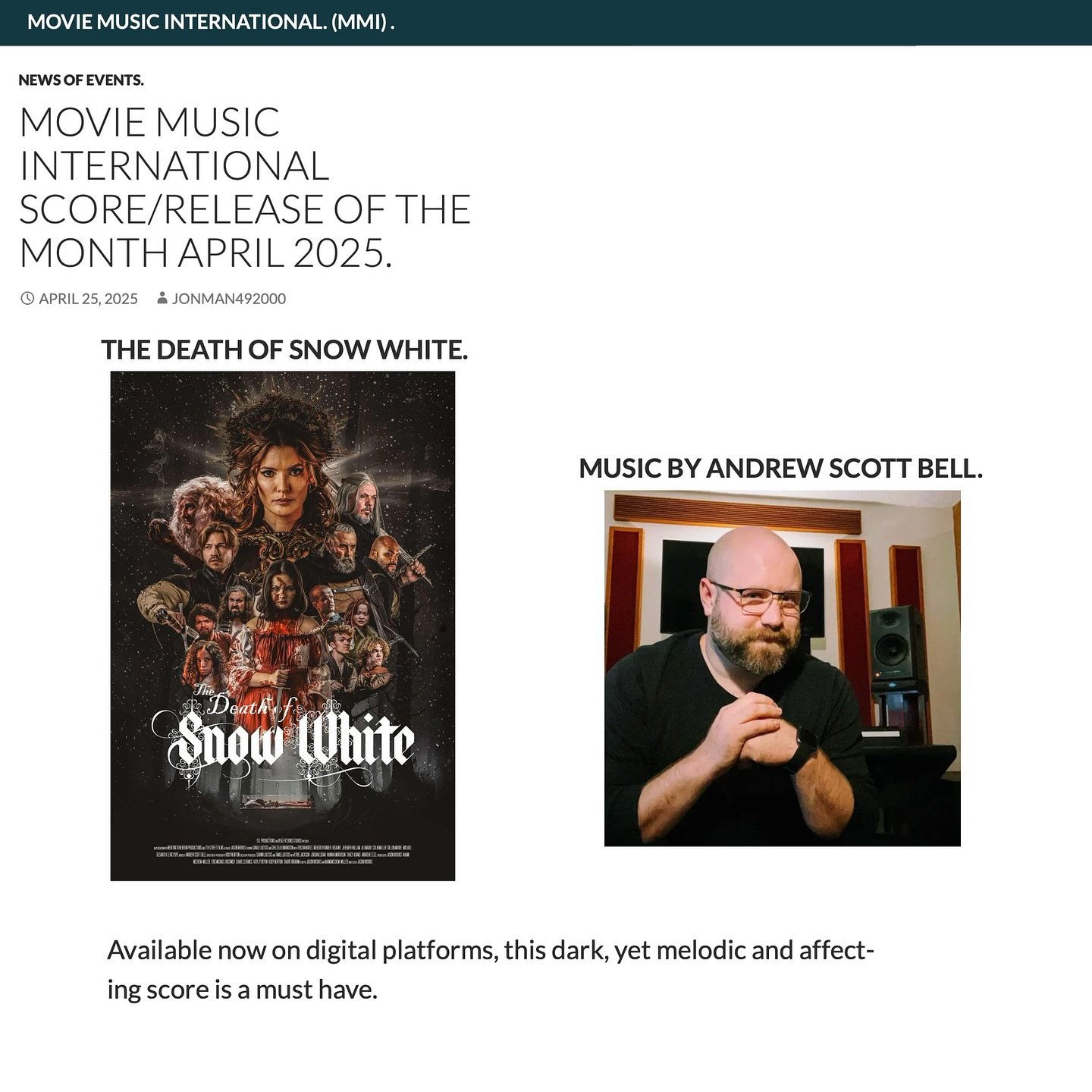 Congrats to our client, composer @andrewscottbell! His melodic score from the soon to be released film, πππ πΏππΌππ ππ ππππ πππππ, is Movie Music International’s Score/Release Of The Month (April 2025)! Stream Andrew’s fa