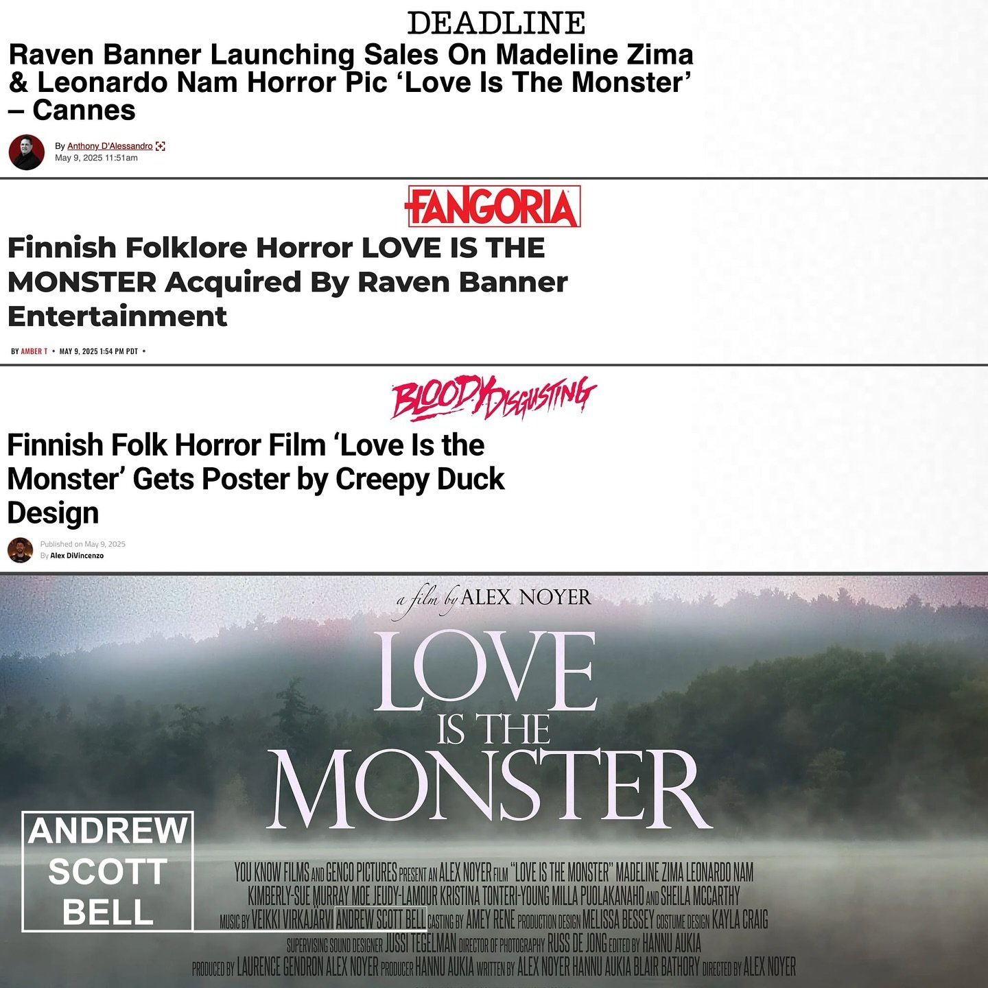 The upcoming film, ππππ ππ πππ πππππππ co-scored by our brilliant client @andrewscottbell, was recently acquired by sales agent @ravenbannerent and will be launching sales at Cannes this year! Our friends at @deadline, @fangoria and @