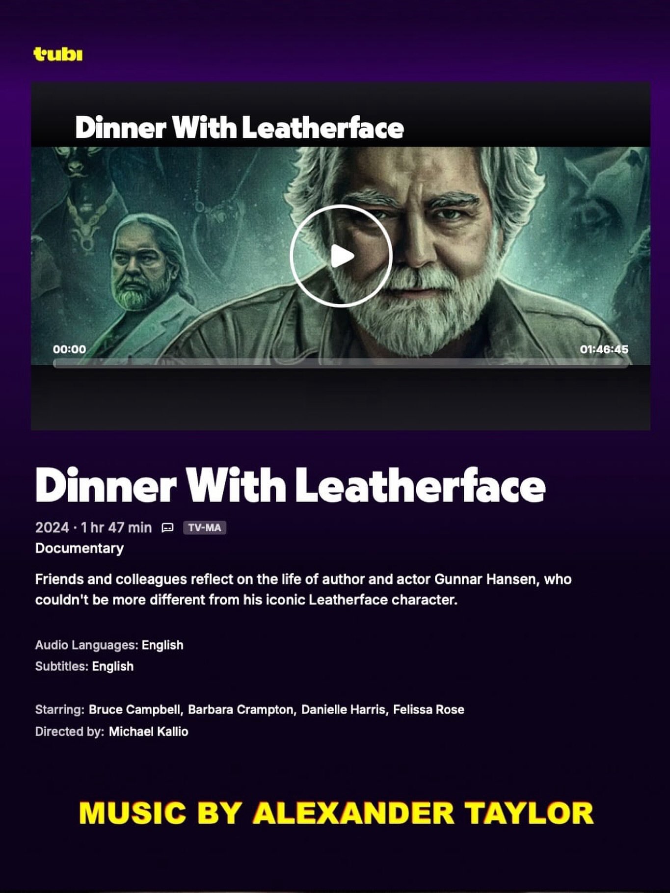 The documentary, πΏπππππ ππππ πππΌππππππΌπΎπ, scored by our immensely talented client Alexander Taylor @alexandertaylormusic, is streaming on Tubi. This in-depth film directed by Michael Kallio is about actor Gunnar Hansen who played