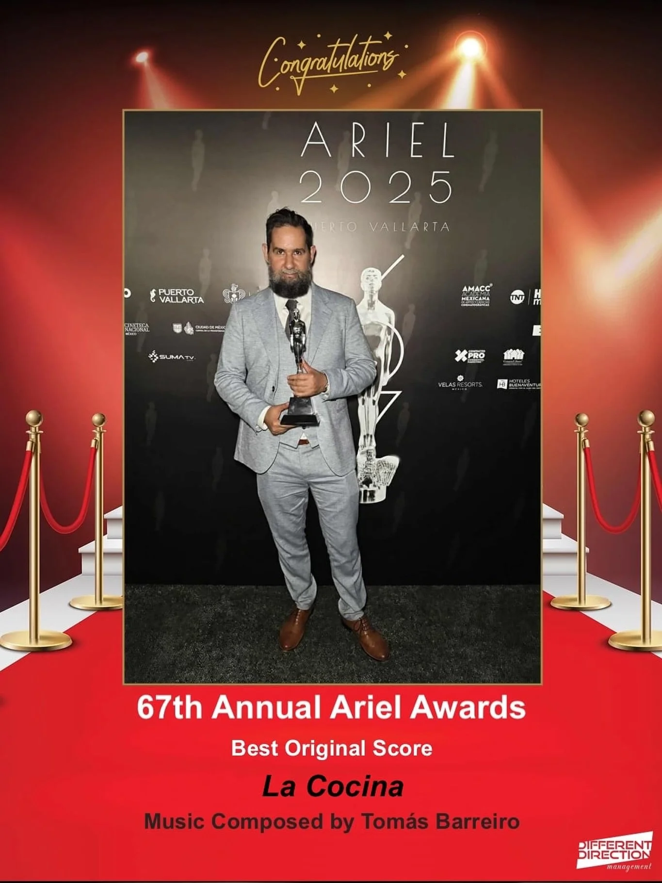 Congrats to our client Tom&aacute;s Barreiro! Over the weekend, he took home the &ldquo;Best Original Score&rdquo; trophy at the 67th Annual Ariel Awards for his work on 𝙇𝙖 𝘾𝙤𝙘𝙞𝙣𝙞𝙖. #tomasbarreiro #award #awardwinner #arielawards #lacocina #