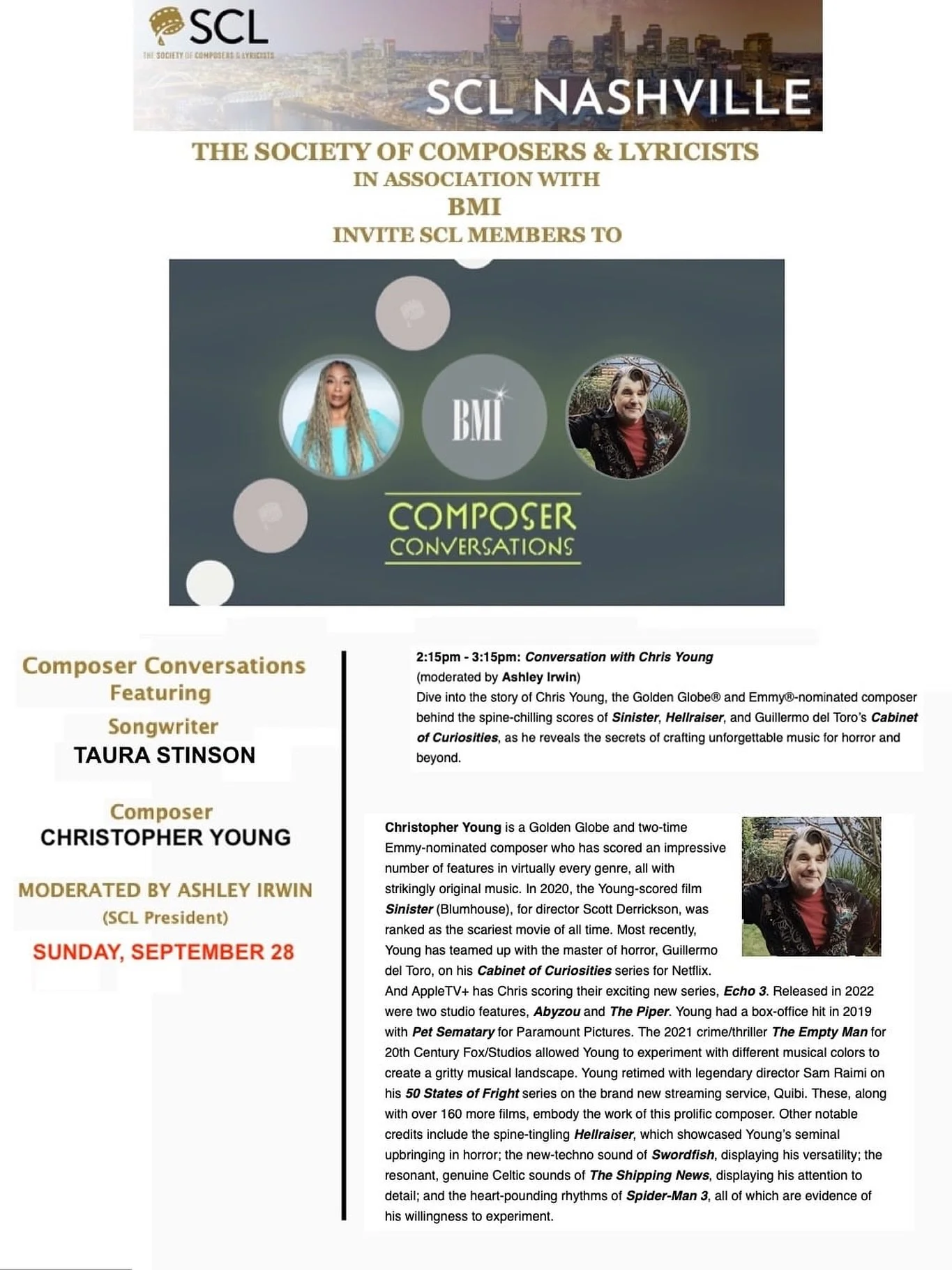 Composer, professor, mentor, 2x Emmy &amp; Golden Globe nominated, Christopher Young @officialchristopheryoung, will be a special guest on September 28th as part of The Society of Composers &amp; Lyricists Composer Conversations Series! If you&rsquo;