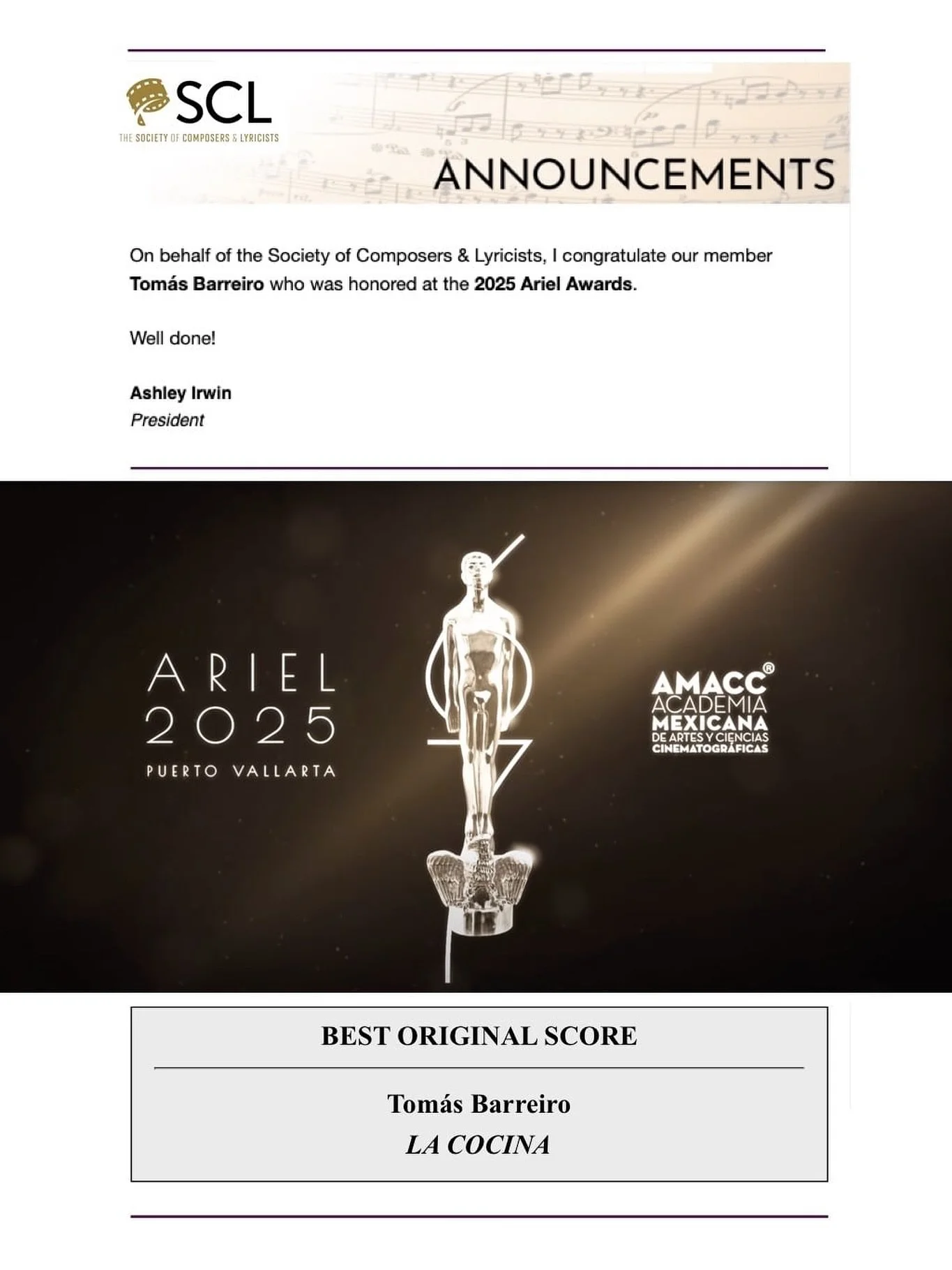 Thank you to our friends at The Society of Composers &amp; Lyricists for the announcement about the newest award win for our client, Tom&aacute;s Barreiro @tomasbarreiroguijosa! This years Ariel Award for &ldquo;Best Original Score&rdquo; went to our