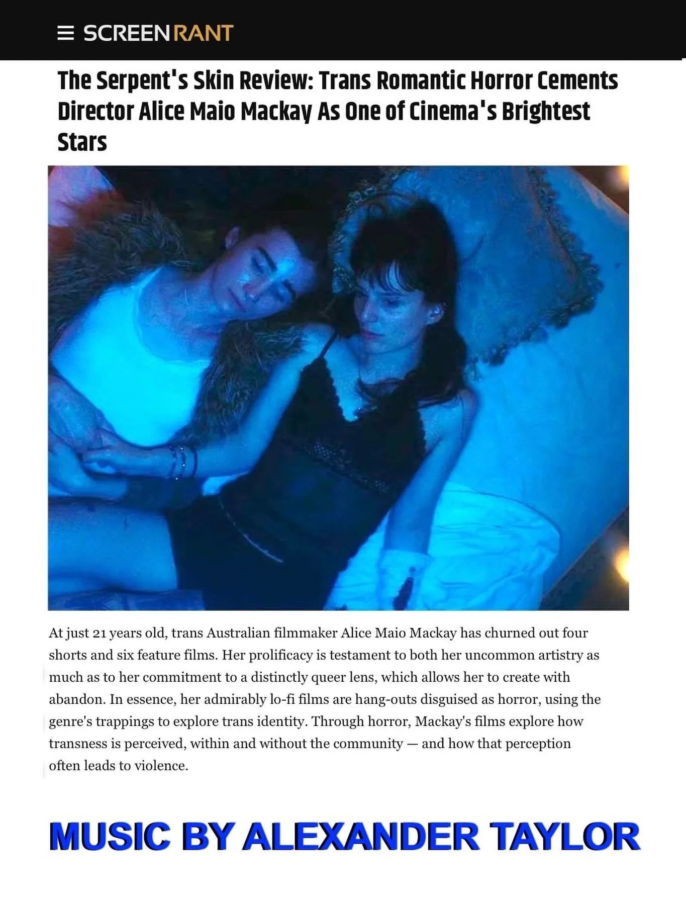 The Serpent&rsquo;s Skin Is A Masterpiece Of Queer Horror!

@screenrant has a great write-up about 𝙏𝙃𝙀 𝙎𝙀𝙍𝙋𝙀𝙉𝙏&rsquo;𝙎 𝙎𝙆𝙄𝙉 directed by Alice Maio Mackay and scored by our client Alexander Taylor @alexandertaylormusic along with Eduard