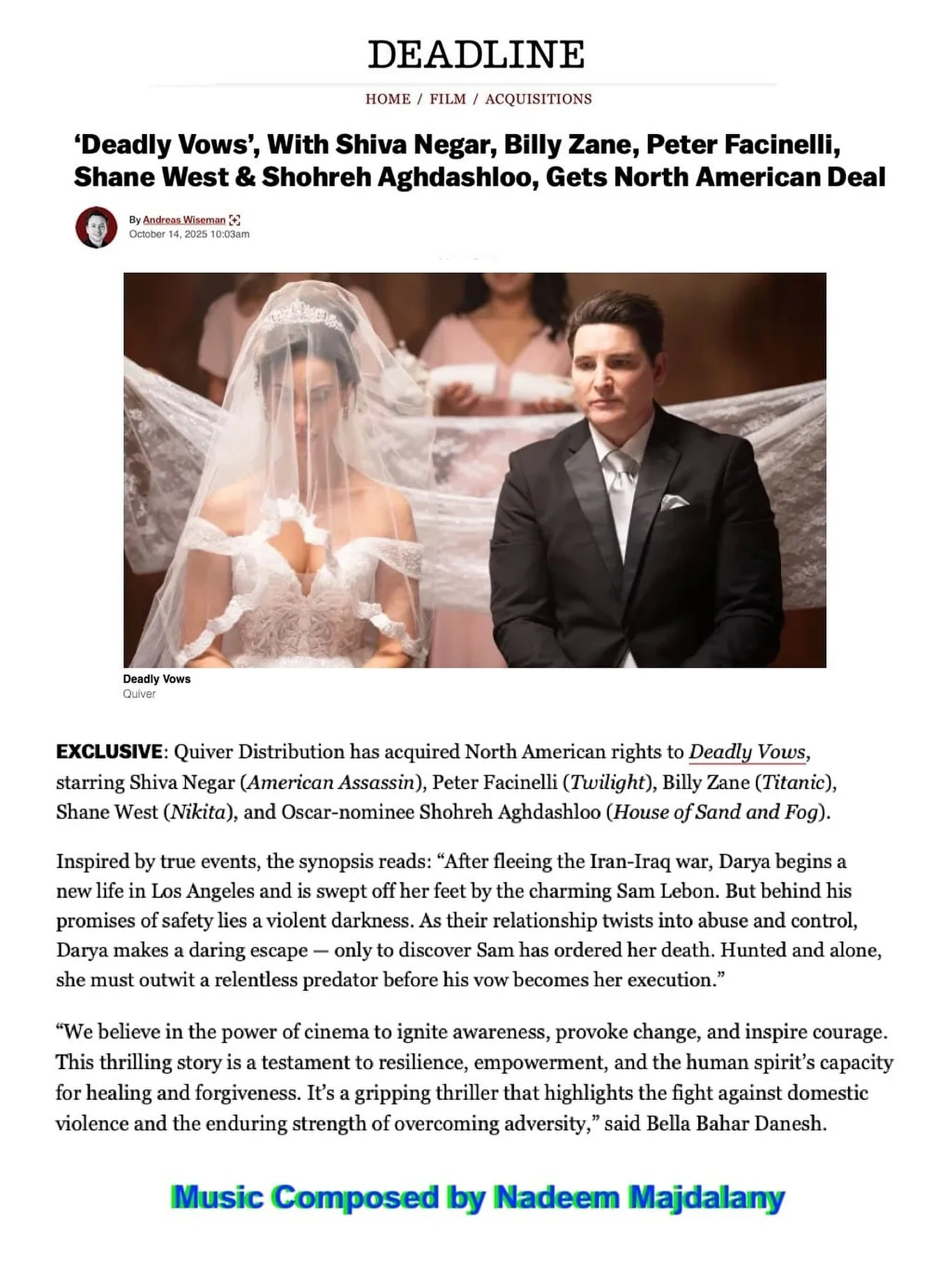 @deadline has the scoop! ๐ฟ๐๐ผ๐ฟ๐๐ ๐๐๐๐ was picked up by @quiverdistribution! Scored by our Grammy winning client Nadeem Majdalany @majdalany, it stars Academy nominated actress Shohreh Aghdashloo (๐๐๐ ๐๐๐๐๐ ๐๐ ๐๐ผ๐๐ฟ ๐ผ๐๐ฟ ๐๐๐