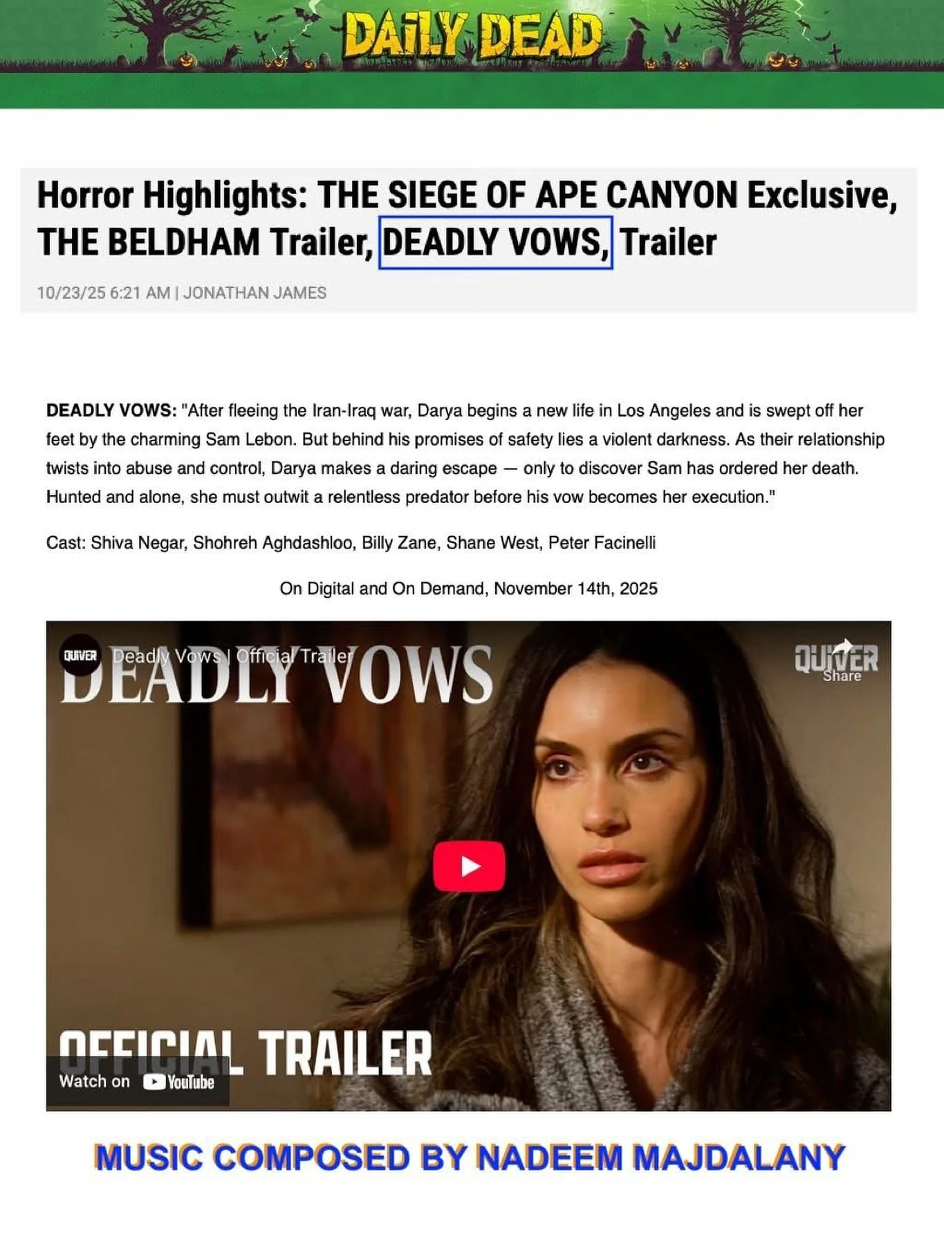 @dailydead just posted some news and the trailer for the upcoming thriller 𝘿𝙀𝘼𝘿𝙇𝙔 𝙑𝙊𝙒𝙎, which was scored by our client, Nadeem Majdalany @majdalany. 𝘿𝙀𝘼𝘿𝙇𝙔 𝙑𝙊𝙒𝙎 stars Academy nominated actress Shohreh Aghdashloo (𝙏𝙃𝙀 𝙃𝙊𝙐𝙎𝙀