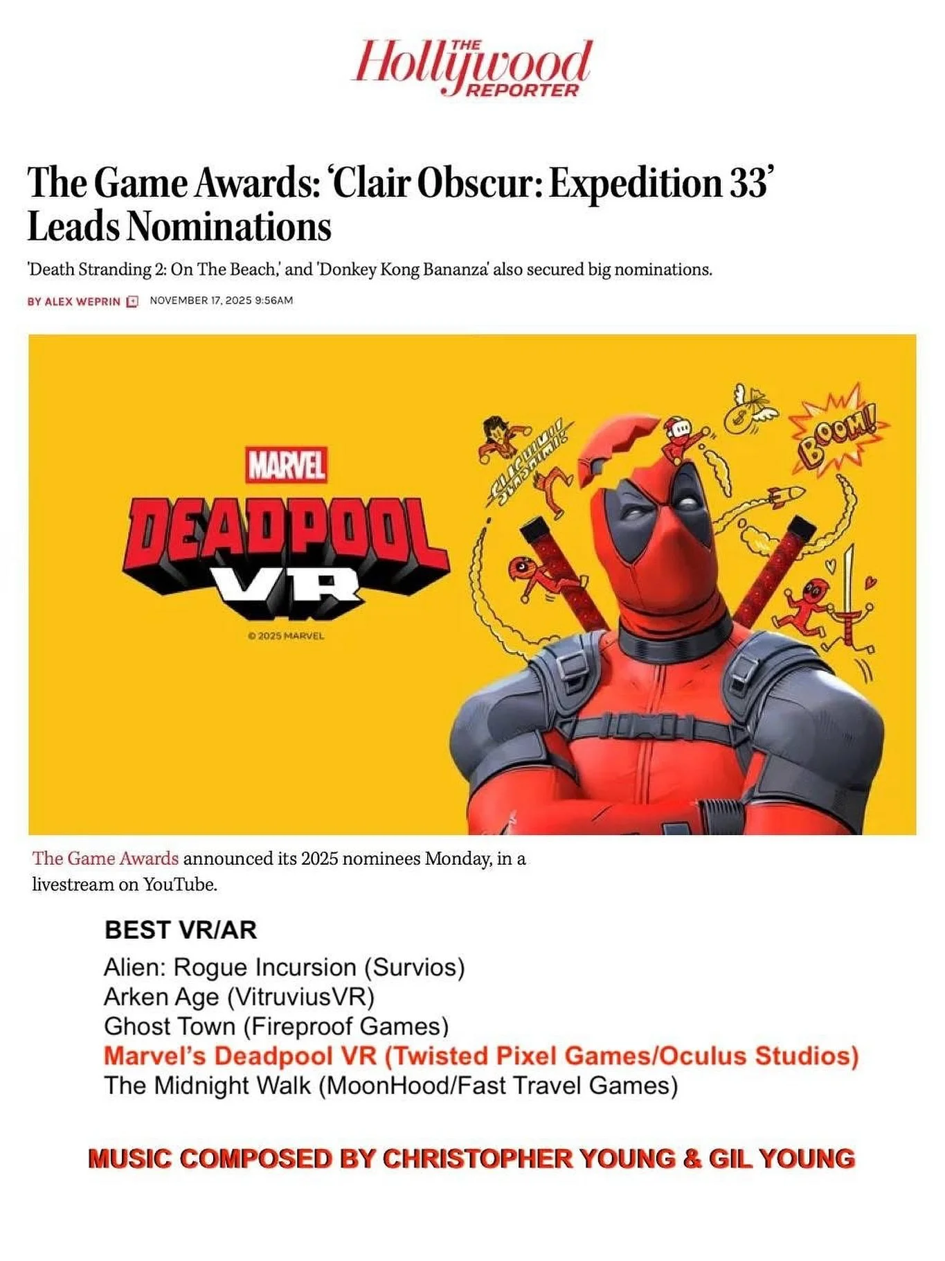 The @hollywoodreporter has the scoop on all @thegameawards nominations! Happy to see 𝙈𝘼𝙍𝙑𝙀𝙇&rsquo;𝙎 𝘿𝙀𝘼𝘿𝙋𝙊𝙊𝙇 𝙑𝙍 is up for &lsquo;Best VR/AR Game&rsquo;! Making this game extra special is the score, which was composed by one of the in