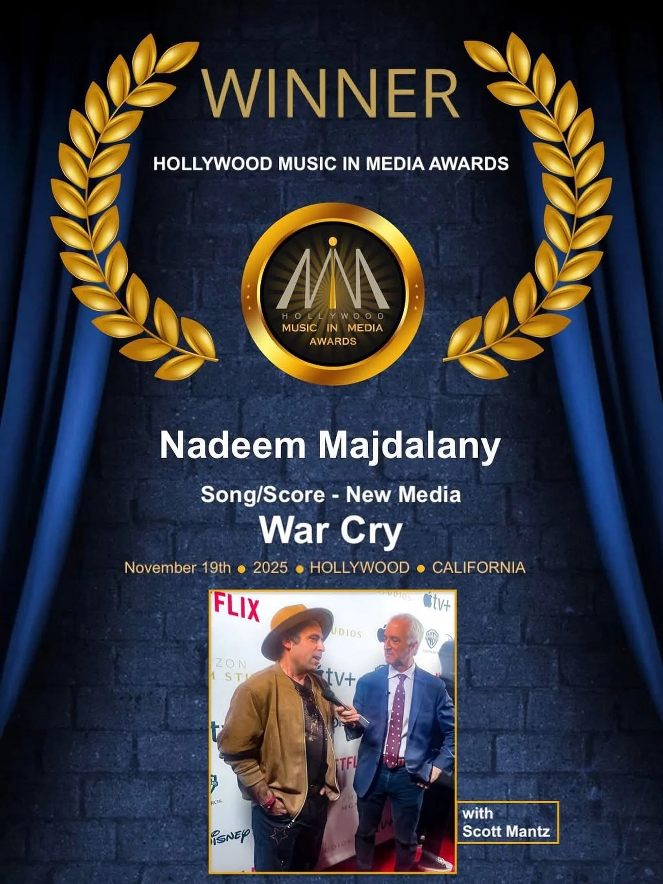Congrats to our client, Nadeem Majdalany @majdalany, on his Hollywood Music in Media Awards win for his work on his historic project, 𝙇𝘼 𝙋𝘼𝙉𝘿𝙊𝙍𝘼&rsquo;𝙎 𝘽𝙊𝙓! Stream the hit song 𝘞𝘈𝘙 𝘊𝘙𝘠 below.

From Nadeem...&rdquo;Thank you HMMA&r