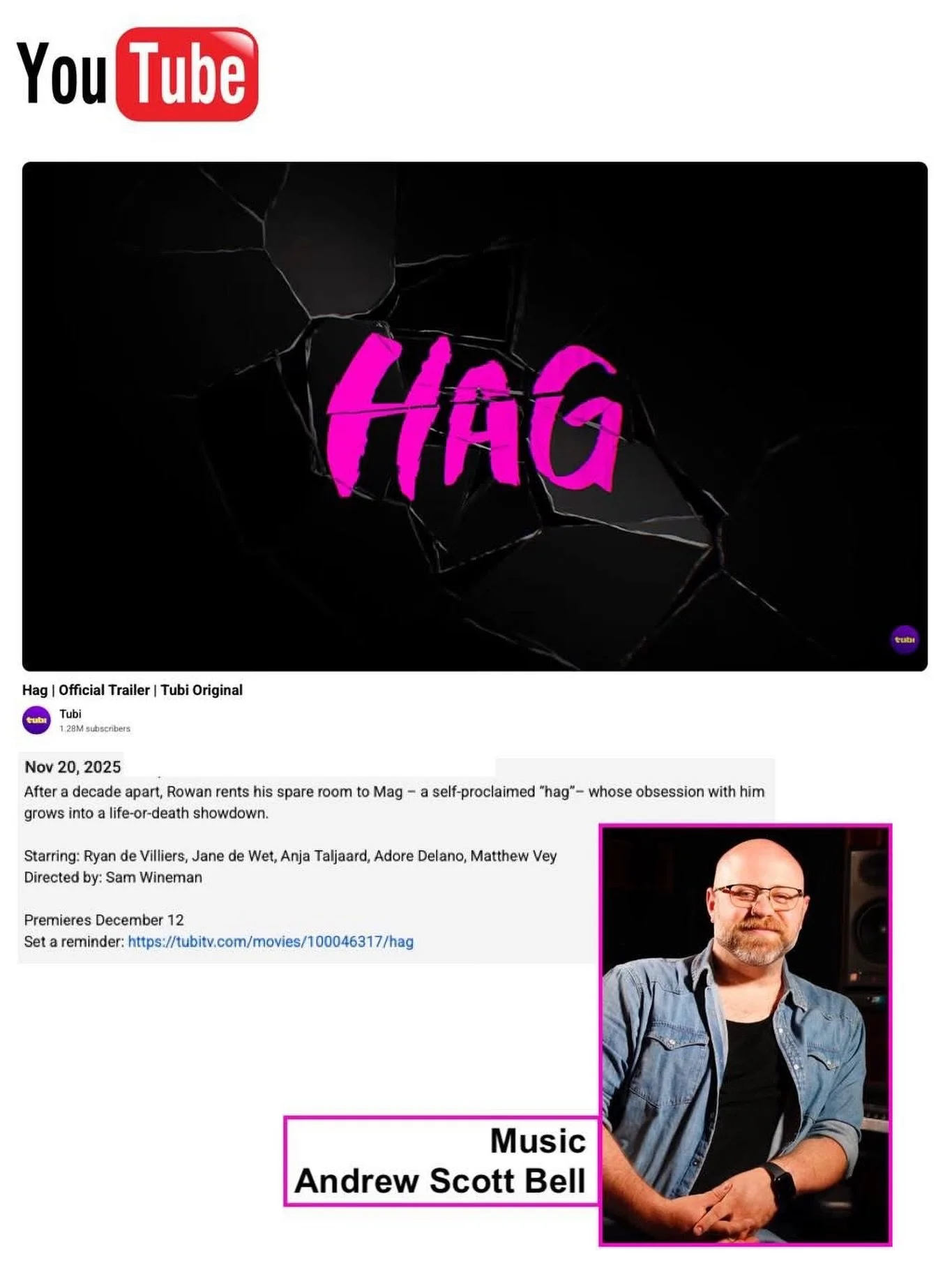 TUESDAY INSTAGRAM

The trailer for the upcoming thriller 𝙃𝘼𝙂 just dropped! Check it out and be sure to watch 𝙃𝘼𝙂, which was scored by our award-winning client Andrew Scott Bell @andrewscottbell, on Tubi starting on Dec. 12th! 𝙃𝘼𝙂 was directe