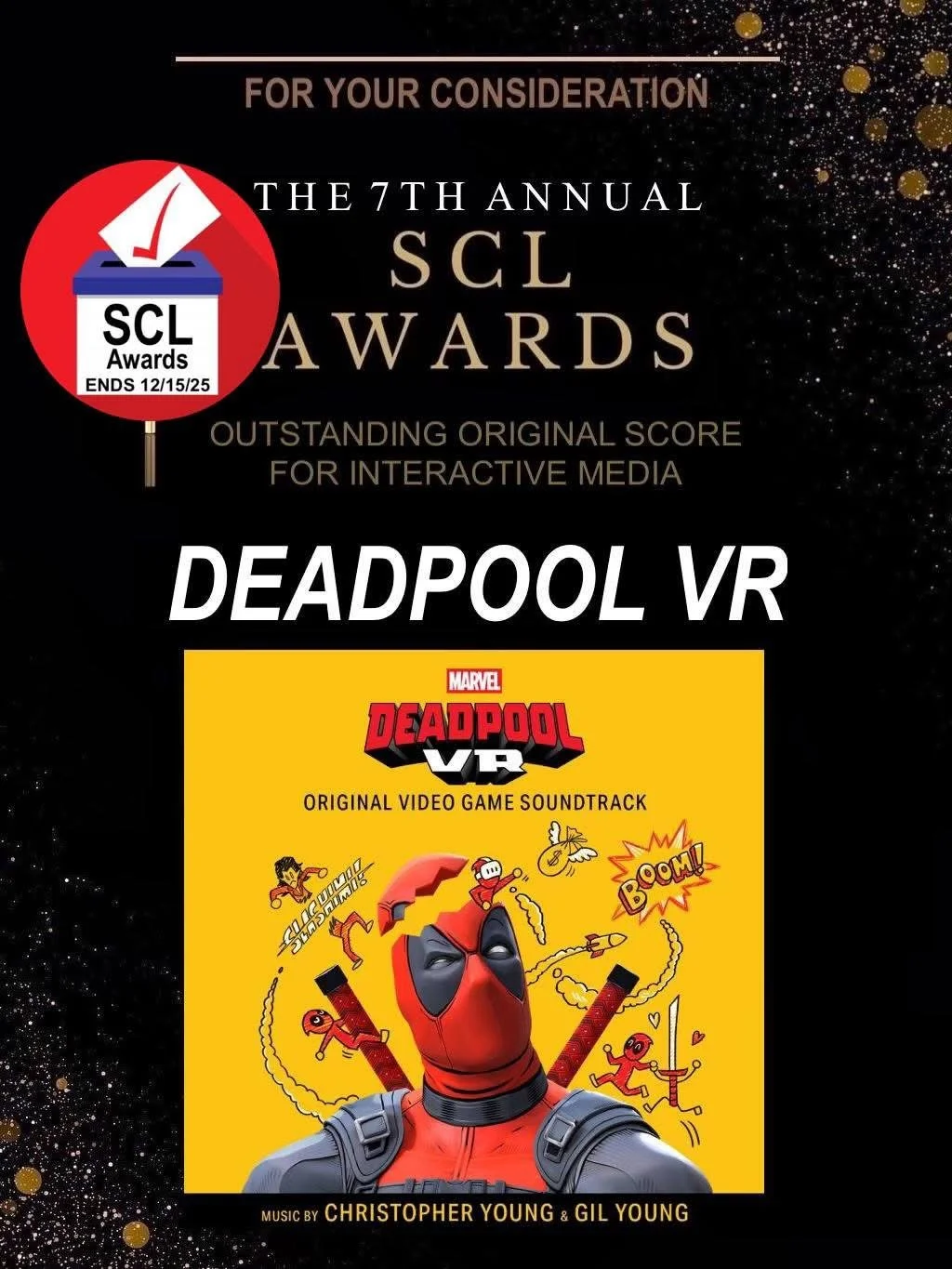 VOTING ENDS TODAY 11:59PM PT
FOR YOUR CONSIDERATION

𝘿𝙀𝘼𝘿𝙋𝙊𝙊𝙇 𝙑𝙍
Outstanding Original Score For Interactive Media
Music by Christopher Young &amp; Gil Young
.
.
.
𝘼 𝙏𝙊𝙊𝙏𝙃 𝙁𝘼𝙄𝙍𝙔 𝙏𝘼𝙇𝙀
Outstanding Score For An Independent Film 
