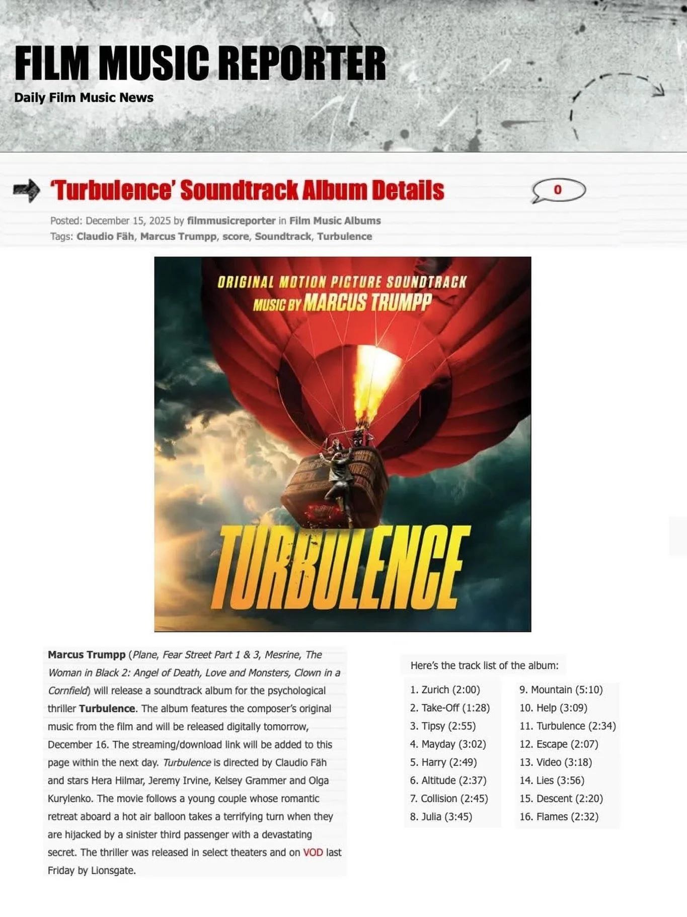 Thank you to our friends at @filmmusicrep for the blurb about the soon to be released (12/16/25) digital score album of 𝙏𝙐𝙍𝘽𝙐𝙇𝙀𝙉𝘾𝙀, featuring a brand new action packed adventure score by one of the leading composers in these genres, our cli