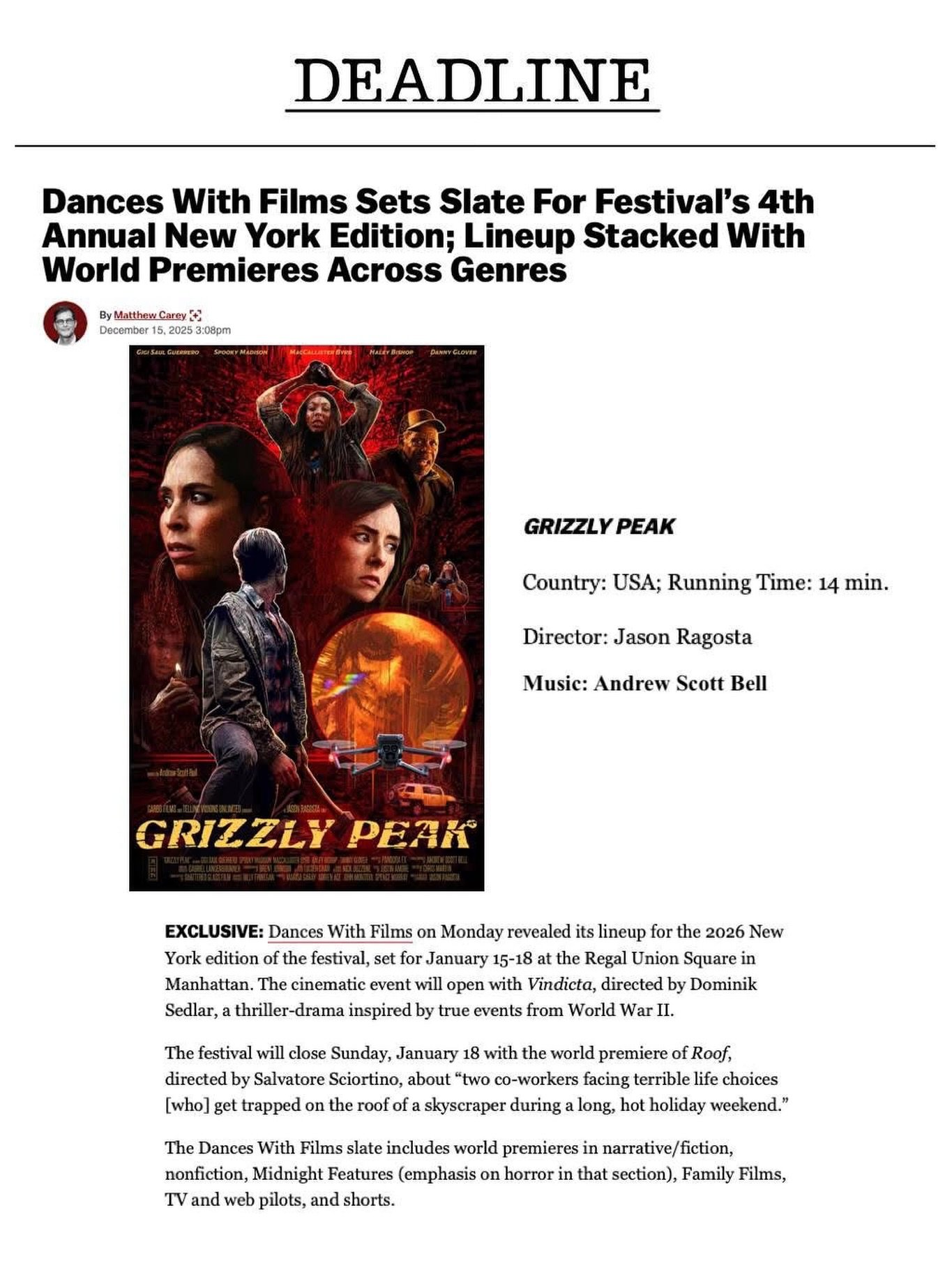 Congrats to our client, Andrew Scott Bell @andrewscottbell, as his latest project he scored, 𝙂𝙍𝙄𝙕𝙕𝙇𝙔 𝙋𝙀𝘼𝙆, will be an official selection at the 4th Annual @danceswithfilms Festival! Congrats Andrew on another career milestone! Read the @de