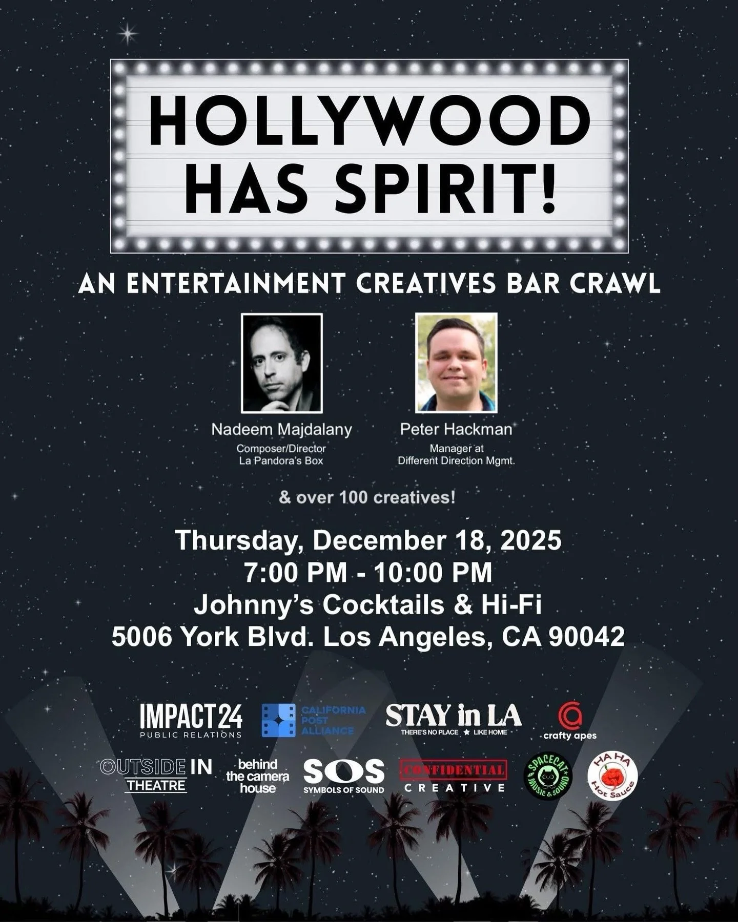 🕖 TONIGHT 🕖

𝘏𝘰𝘭𝘭𝘺𝘸𝘰𝘰𝘥 𝘏𝘢𝘴 𝘚𝘱𝘪𝘳𝘪𝘵 - 𝘈𝘯 𝘌𝘯𝘵𝘦𝘳𝘵𝘢𝘪𝘯𝘮𝘦𝘯𝘵 𝘊𝘳𝘦𝘢𝘵𝘪𝘷𝘦𝘴 𝘗𝘶𝘣 𝘊𝘳𝘢𝘸𝘭
𝐃𝐀𝐓𝐄: Thurs. Dec. 18, 2025
𝐓𝐈𝐌𝐄: 7 - 10 PM PT
𝐖𝐇𝐄𝐑𝐄: Across several venues in Highland Park

The person behind ?