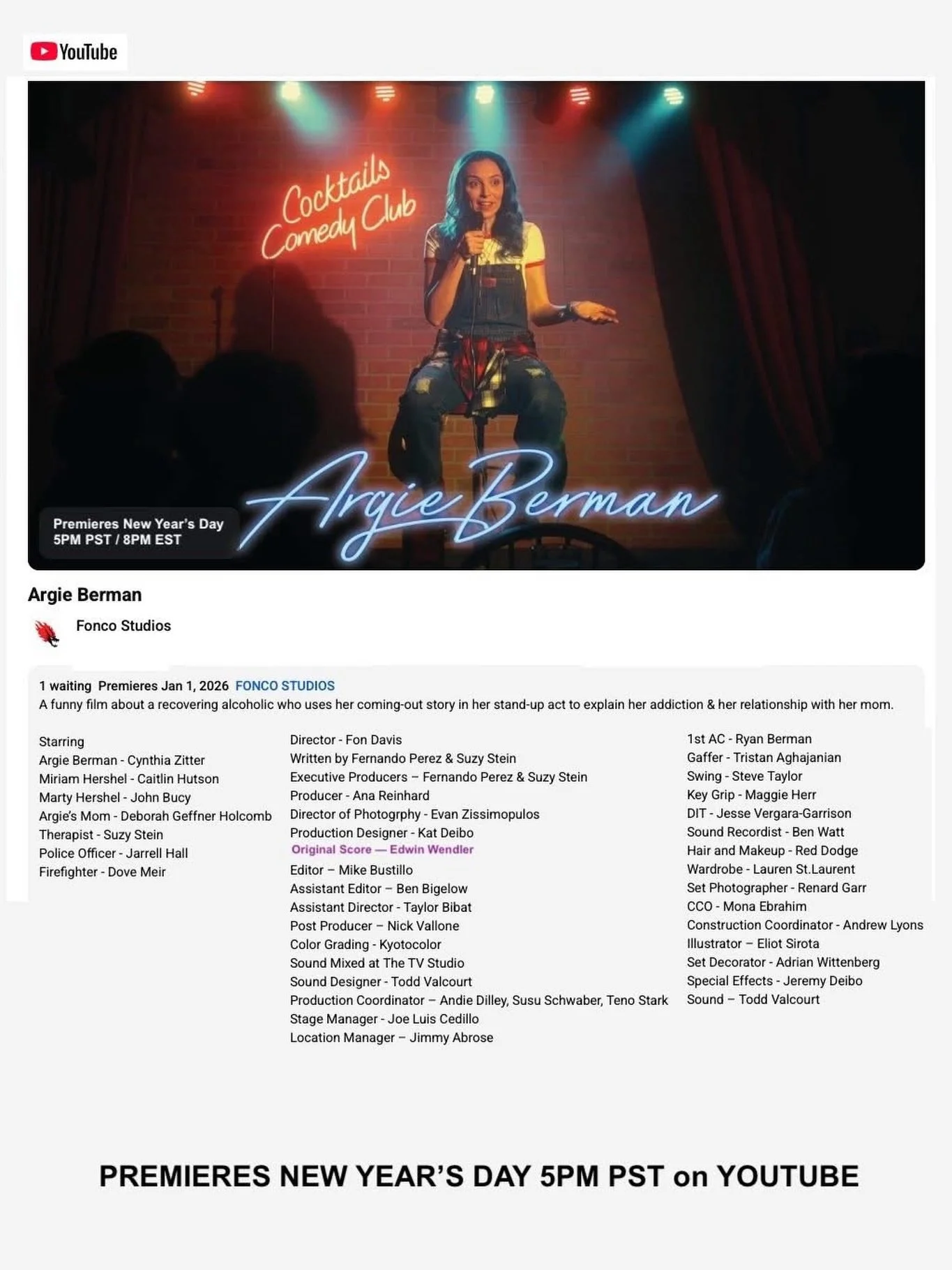 𝘼𝙧𝙜𝙞𝙚 𝘽𝙚𝙧𝙢𝙖𝙣, directed by effects master Fon H. Davis (GUARDIANS OF THE GALAXY, THE MANDALORIAN) with a script by Fernando Perez &amp; Suzy Stein and scored by our client Edwin Wendler @edwinwendler, is premiering on New Year&rsquo;s Day a