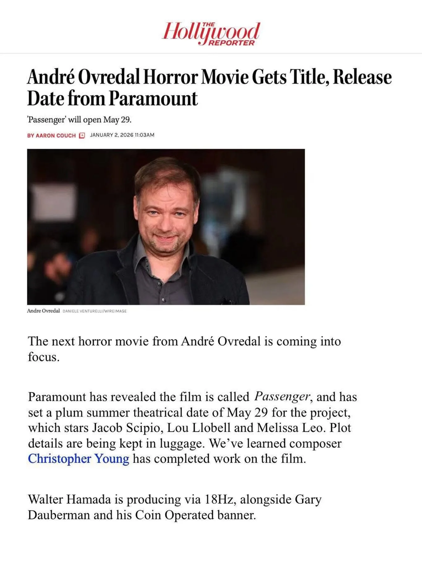 Happy New Year&rsquo;s, now here&rsquo;s some big news! 

Our Golden Globe and Emmy-nominated client, composer Christopher Young @officialchristopheryoung, has wrapped scoring duties on Paramount Pictures&rsquo; upcoming theatrical film, 𝙋𝘼𝙎𝙎𝙀𝙉