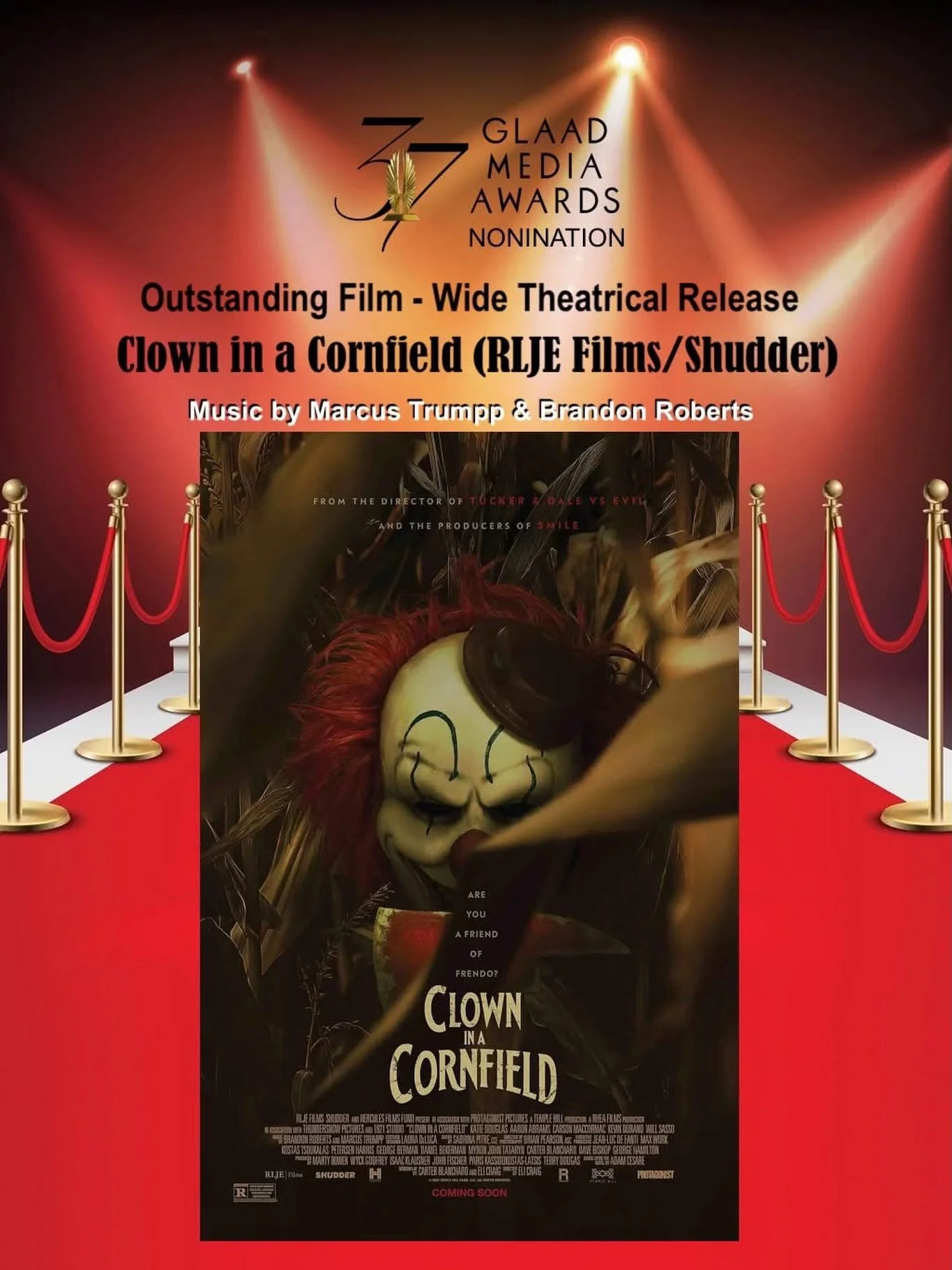 The 37th Annual @glaad Media Award were just announced and we&rsquo;re happy to see 𝘾𝙇𝙊𝙒𝙉 𝙄𝙉 𝘼 𝘾𝙊𝙍𝙉𝙁𝙄𝙀𝙇𝘿 was nominated in the category &lsquo;Outstanding Film - Wide Theatrical Release&rsquo;!

Congrats to the cast and crew, includin