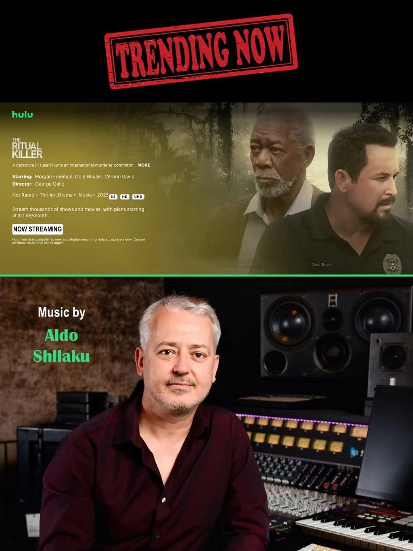 Check out what&rsquo;s trending on Hulu?!?! 𝙏𝙃𝙀 𝙍𝙄𝙏𝙐𝘼𝙇 𝙆𝙄𝙇𝙇𝙀𝙍 needs to be your queue to watch next! This exciting action/thriller starring Oscar winner Morgan Freeman &amp; Cole Hauser from legendary writer &amp; director George Gallo 