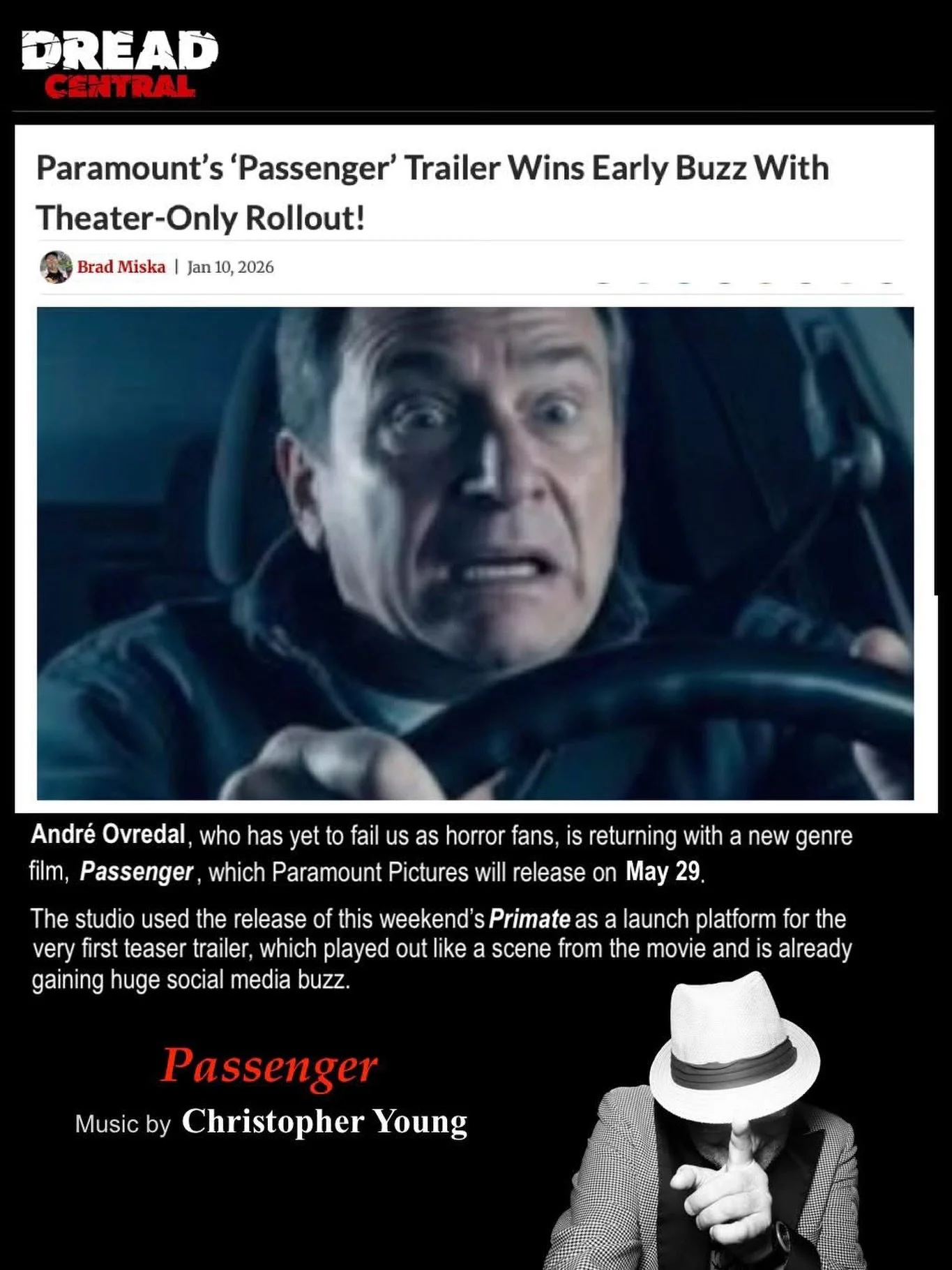 Be sure to watch the new movie Primate in theaters as it has an exclusive theater-only teaser for the May 29th theatrical film, 𝙋𝘼𝙎𝙎𝙀𝙉𝙂𝙀𝙍! Audiences were generally terrified by this short, clever teaser. Our BMI award-winning and Golden Glob