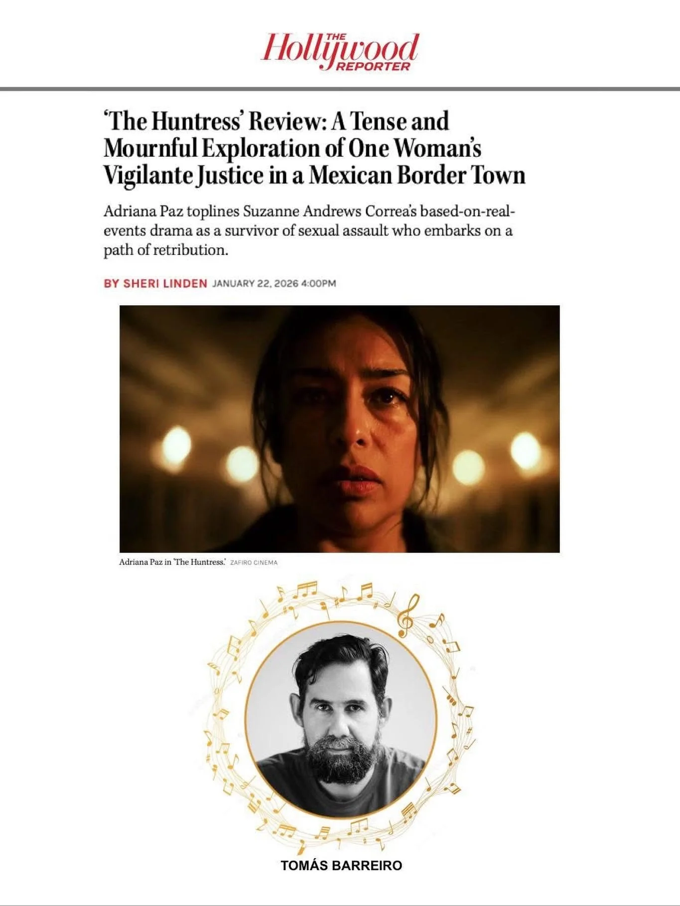 The reviews are coming in from the Sundance Film Festival premiere of 𝙏𝙃𝙀 𝙃𝙐𝙉𝙏𝙍𝙀𝙎𝙎 (La Cazadora) elegantly scored by our world-renowned client, Tom&aacute;s Barreiro @tomasbarreiroguijosa! Thank you @hollywoodreporter for the great write-u